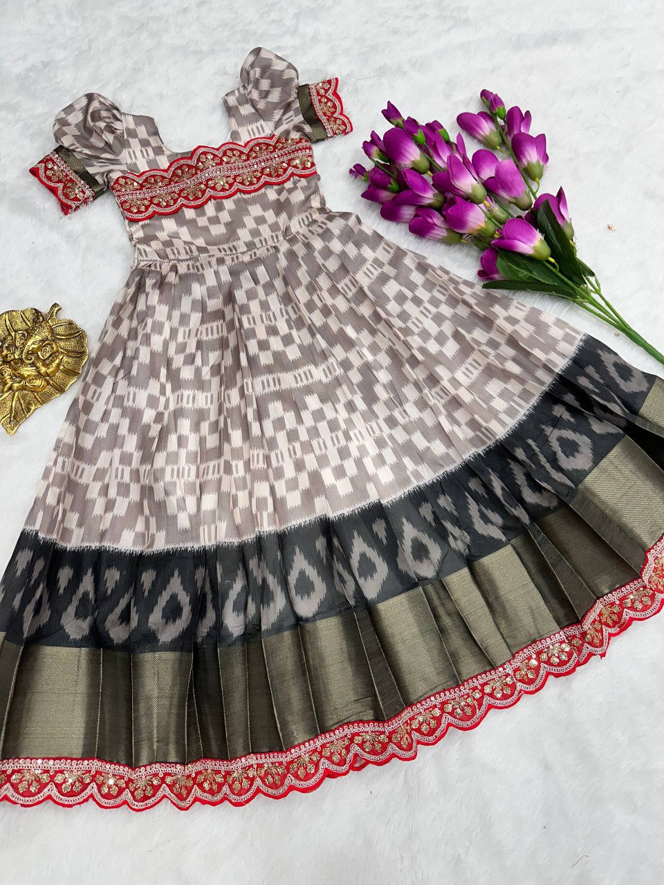 Girls silk digital print gown with lace border