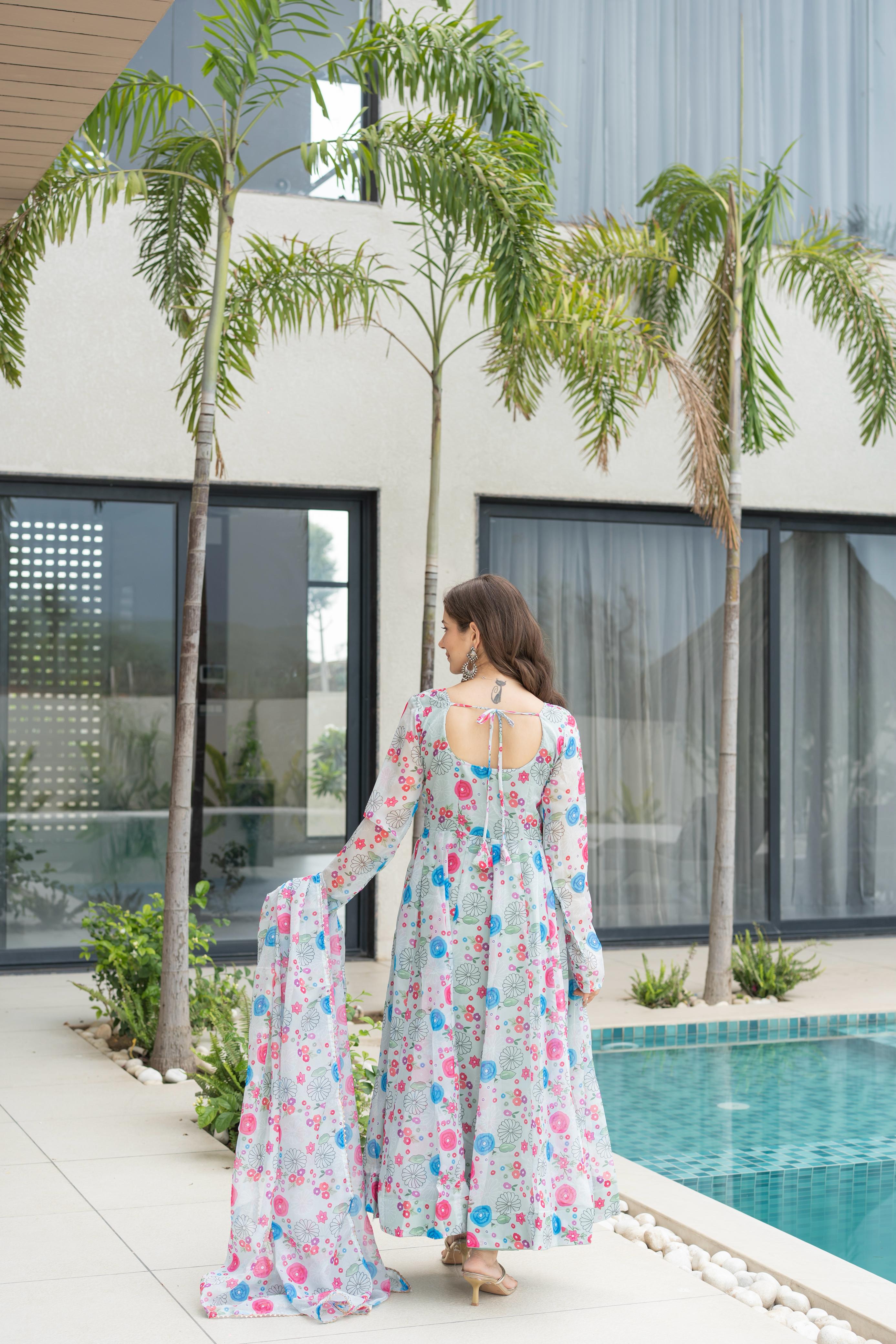 Complete BACK look of designer floral organza Anarkali gown set with pant and dupatta

