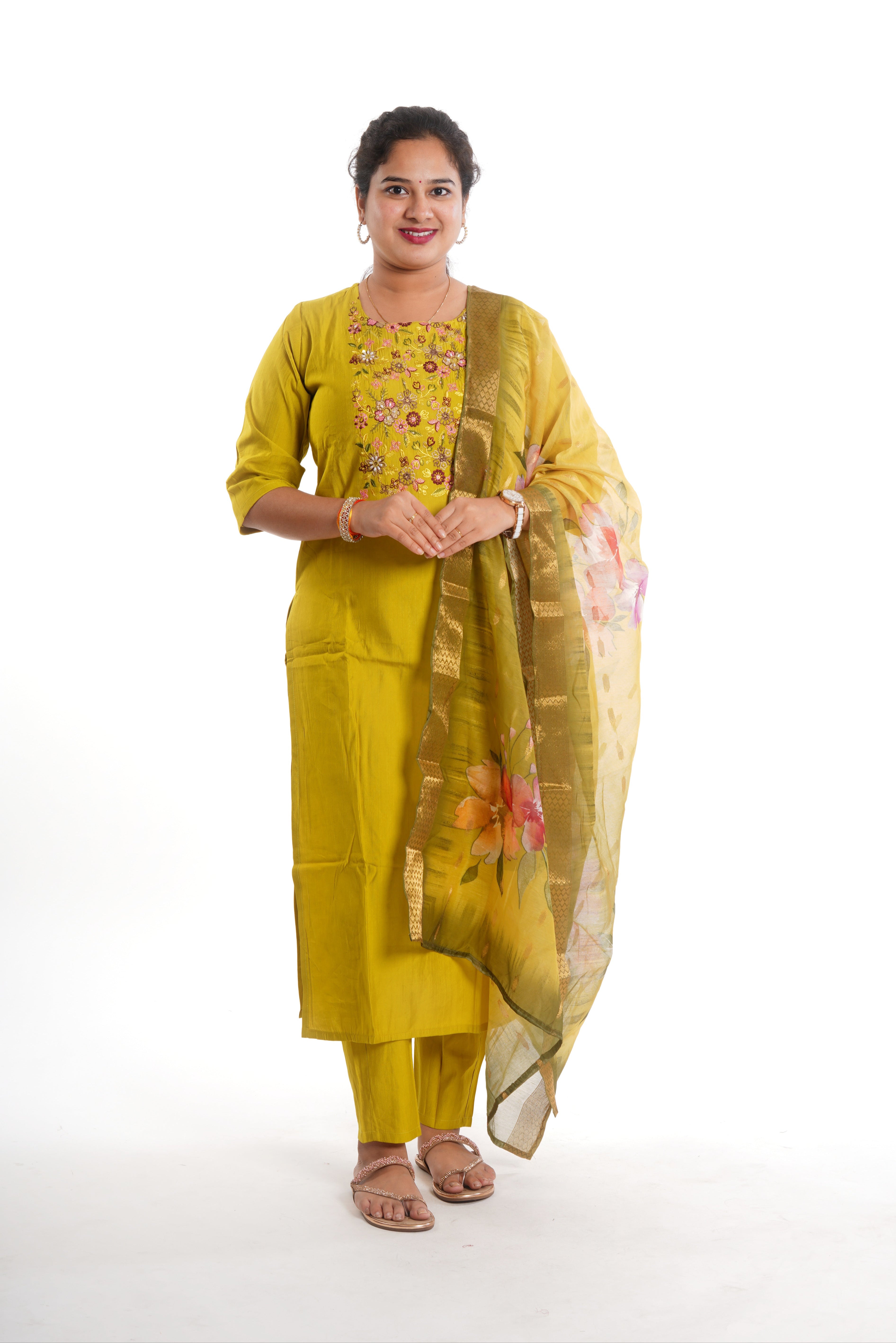 Elegant Yellow Heavy Cotton Embroidered 3-Piece Kurti Set