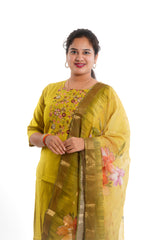 Elegant Mustard Yellow 3-Piece Cotton Embroidered Kurti Set with Floral Dupatta