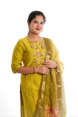 Elegant Yellow Heavy Cotton Embroidered 3-Piece Kurti Set