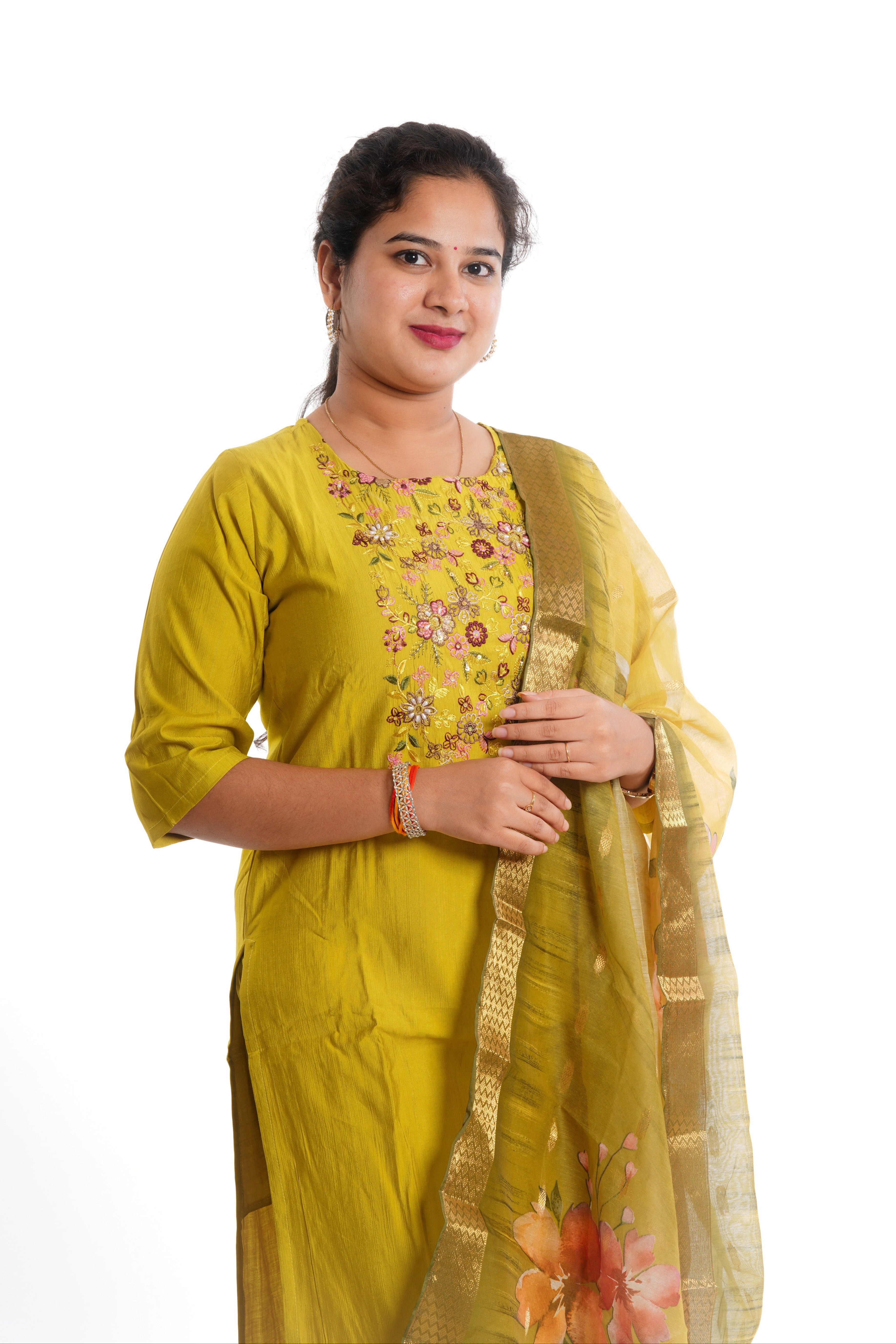 Elegant Yellow Heavy Cotton Embroidered 3-Piece Kurti Set