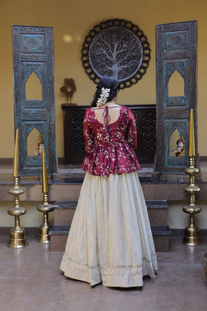 This peplum style lehenga set is perfect for bridesmaids and festive functions with elegant embroidery work.