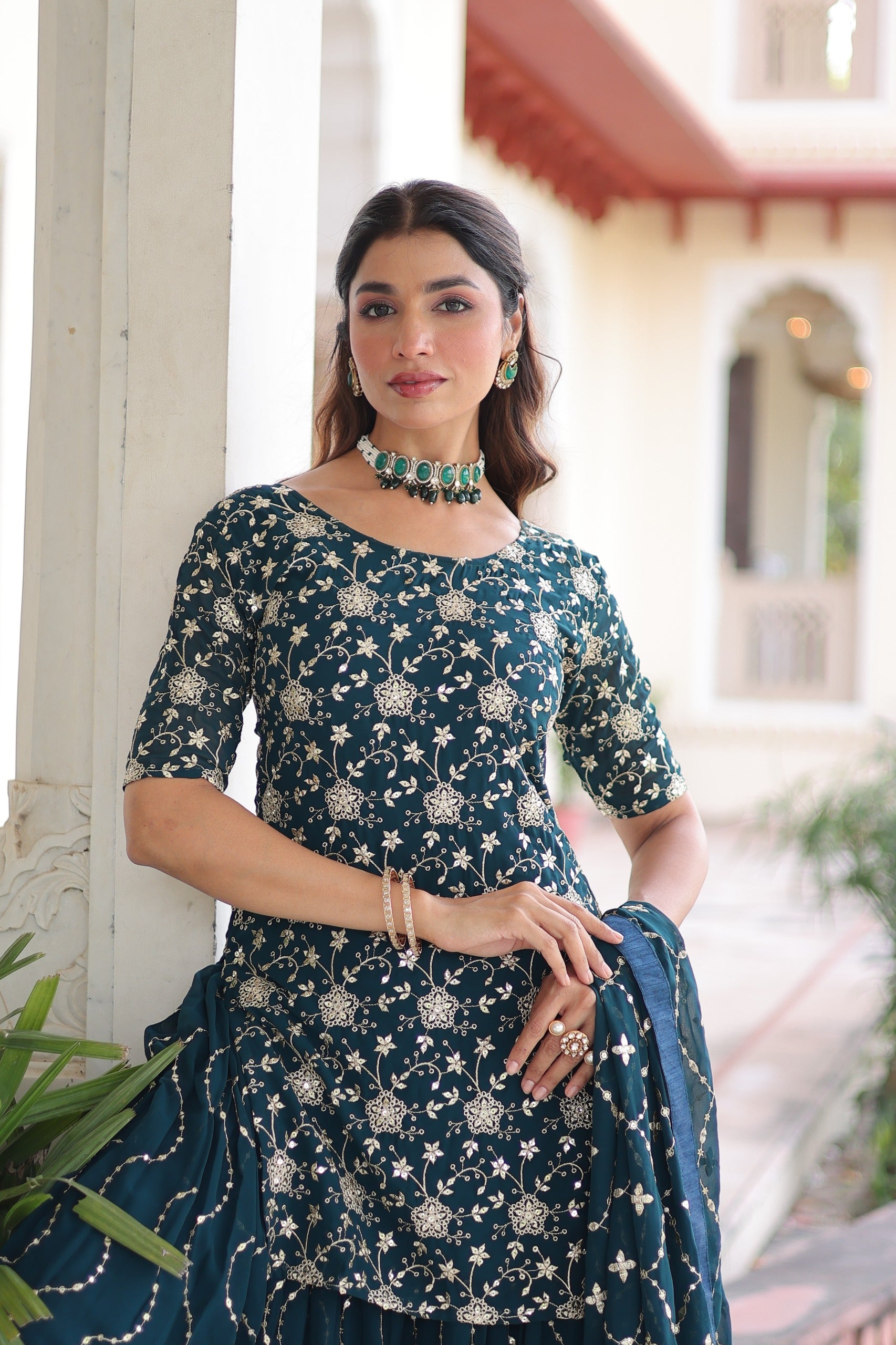 Green embroidered kurti sharara set for women