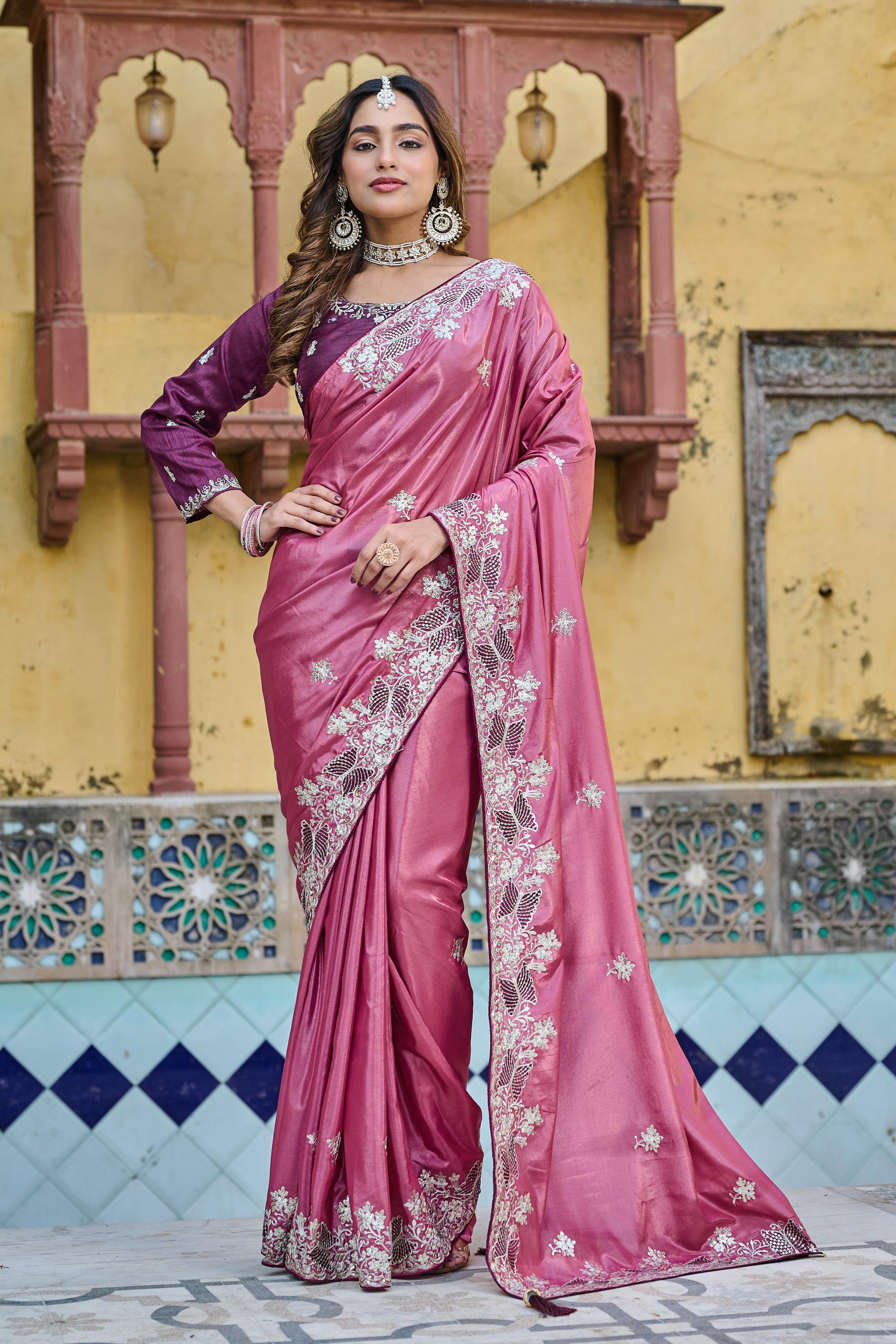 Pink pure ho silk embroidered saree