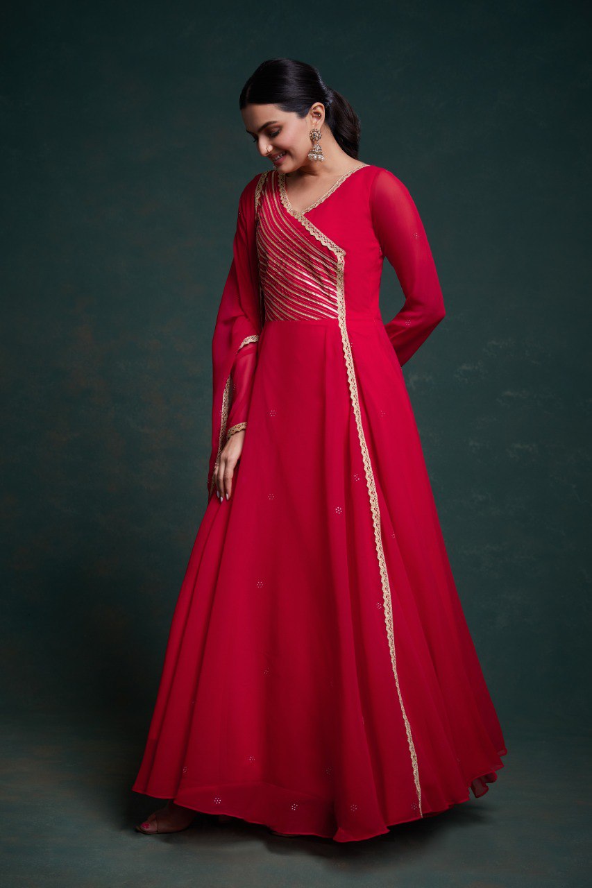 Red gown with Gota Patti work for festive wear