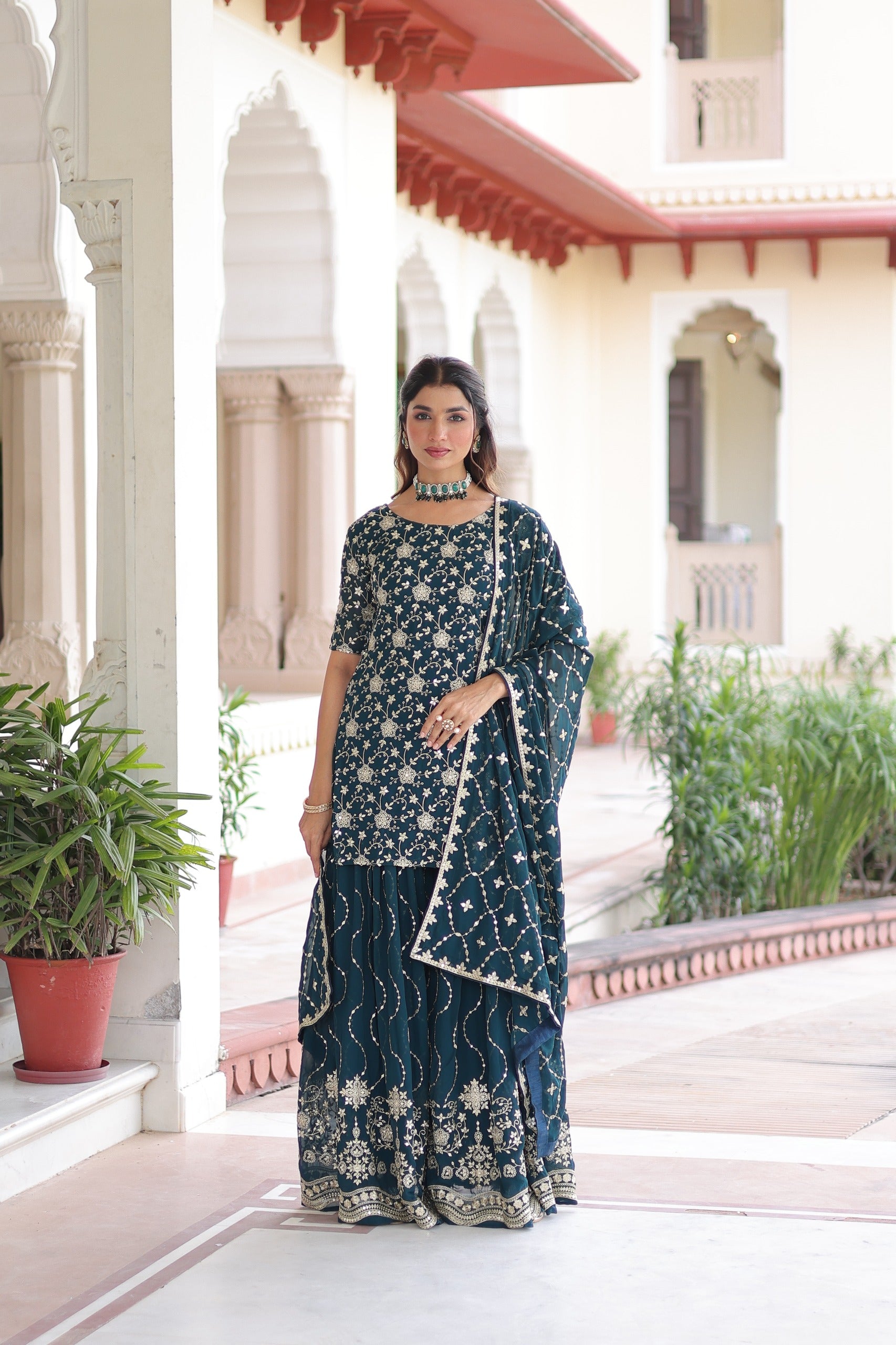 Faux georgette kurti sharara with sequin embroidery