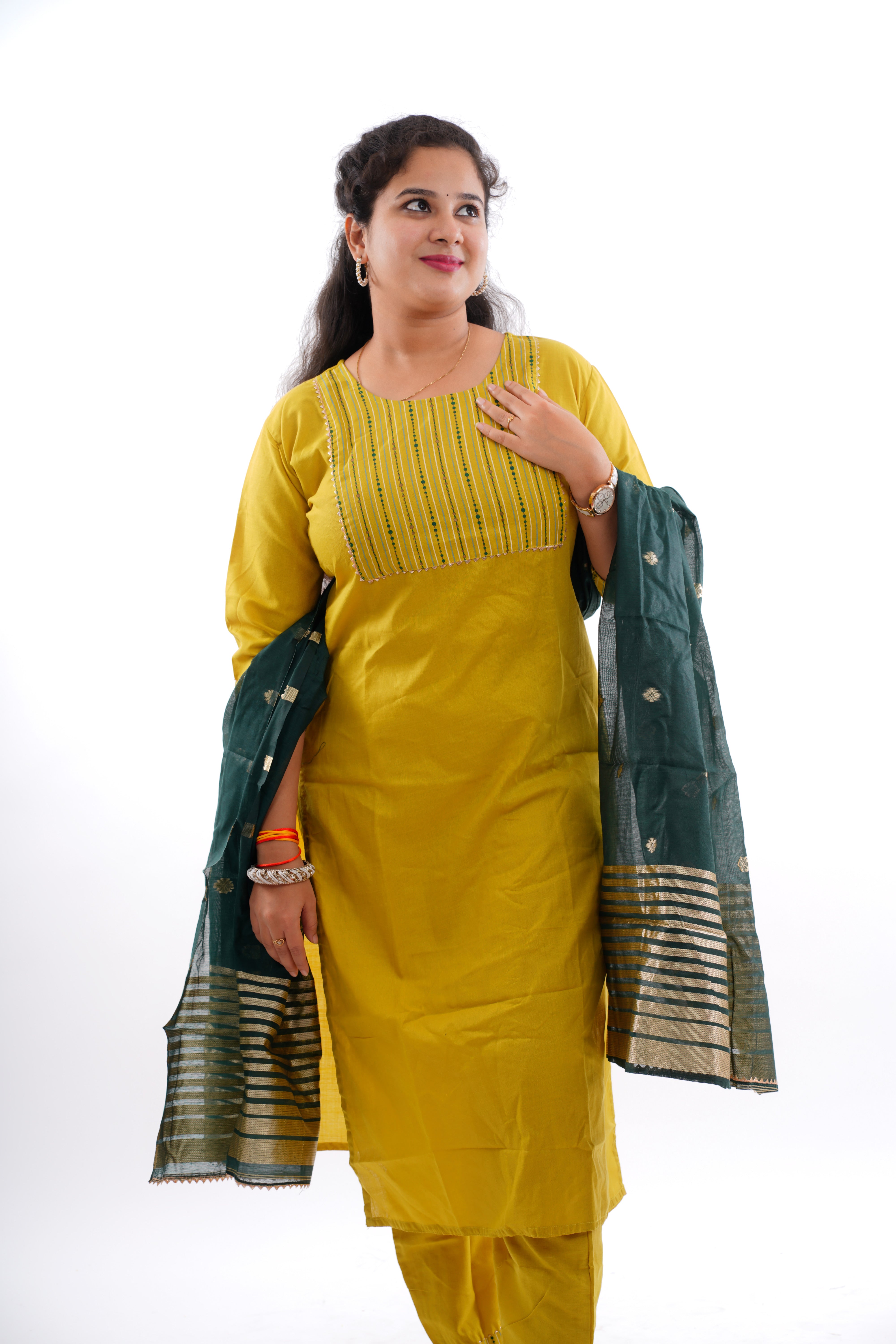 Elegant South Cotton Yellow Kurti 3-Piece Set