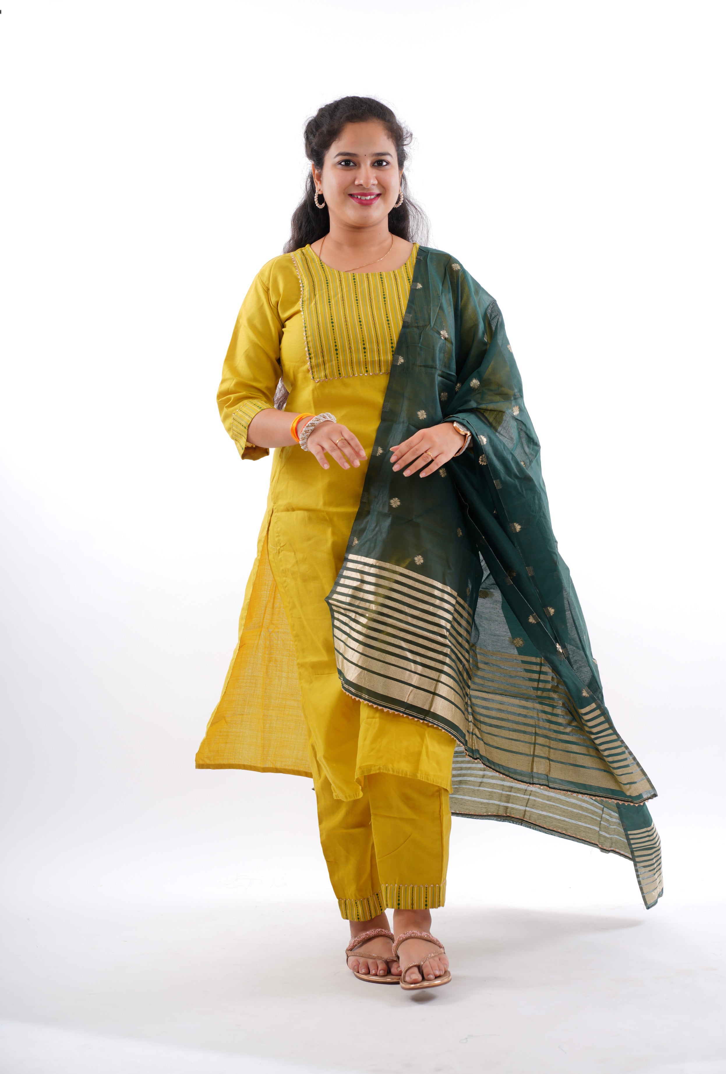 Elegant South Cotton Yellow Kurti 3-Piece Set