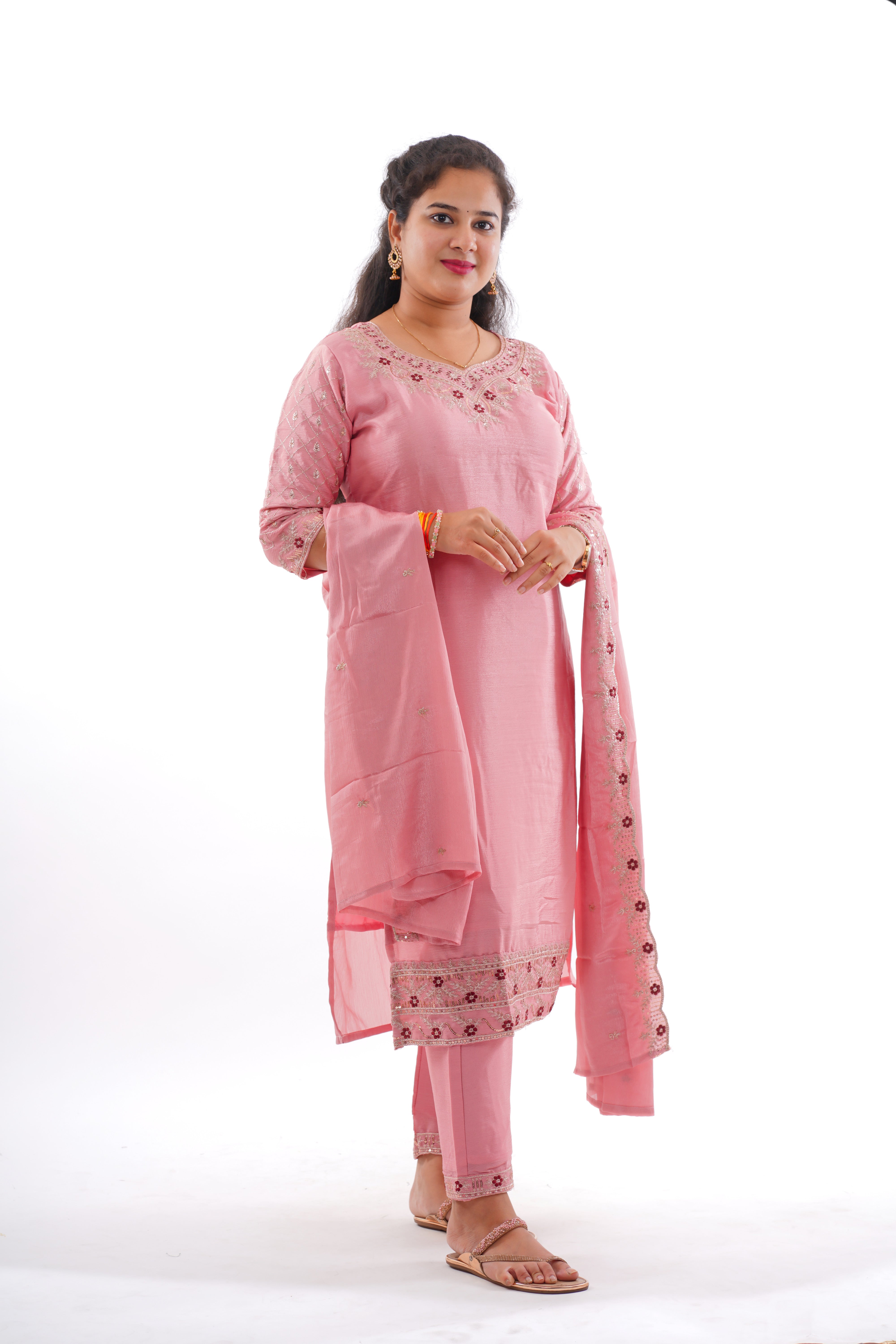 Elegant Pink Chinon Kurti Pant Set with Exquisite Embroidery Work