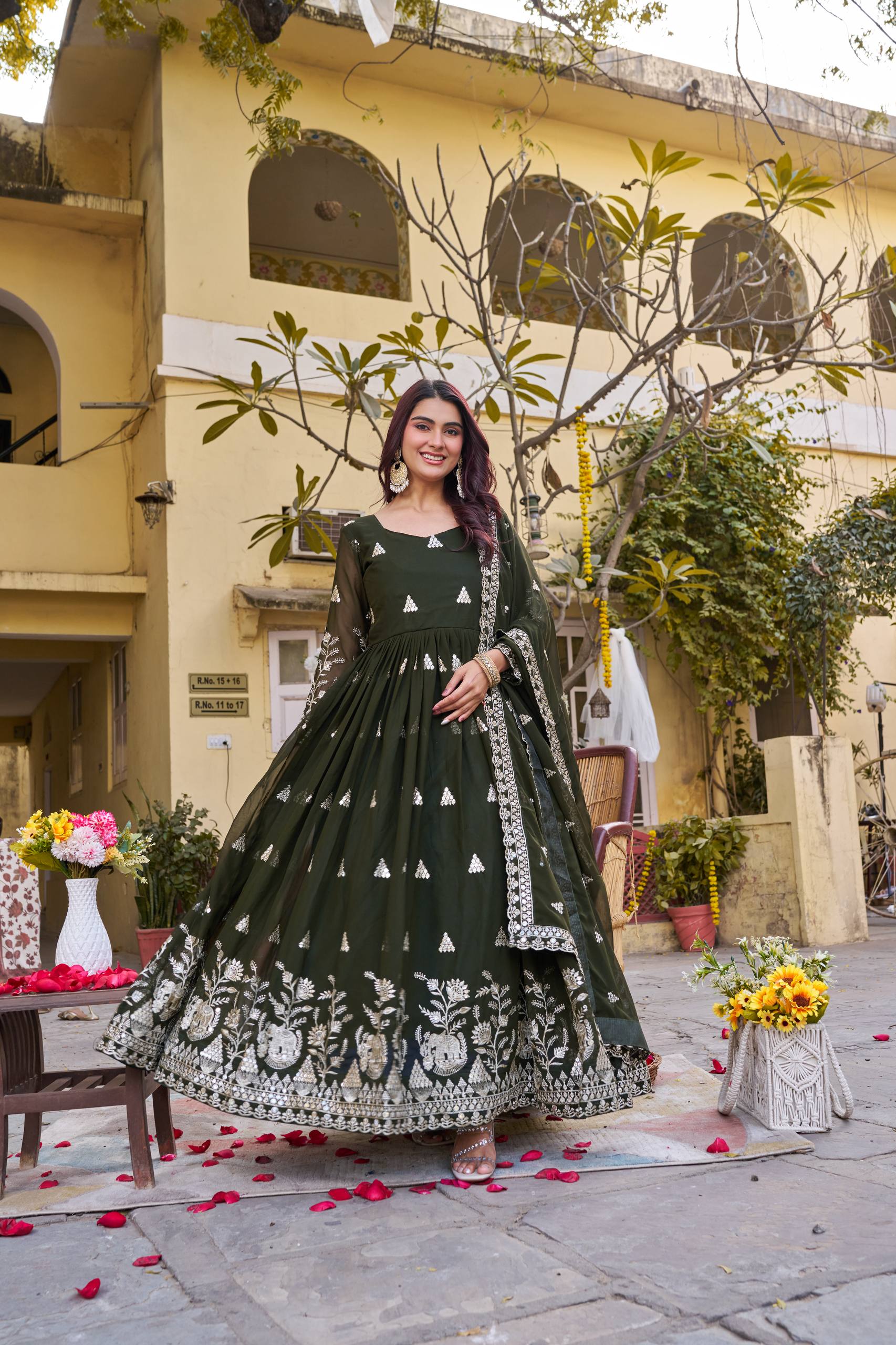 Olive green embroidered Fox Georgette gown with matching dupatta