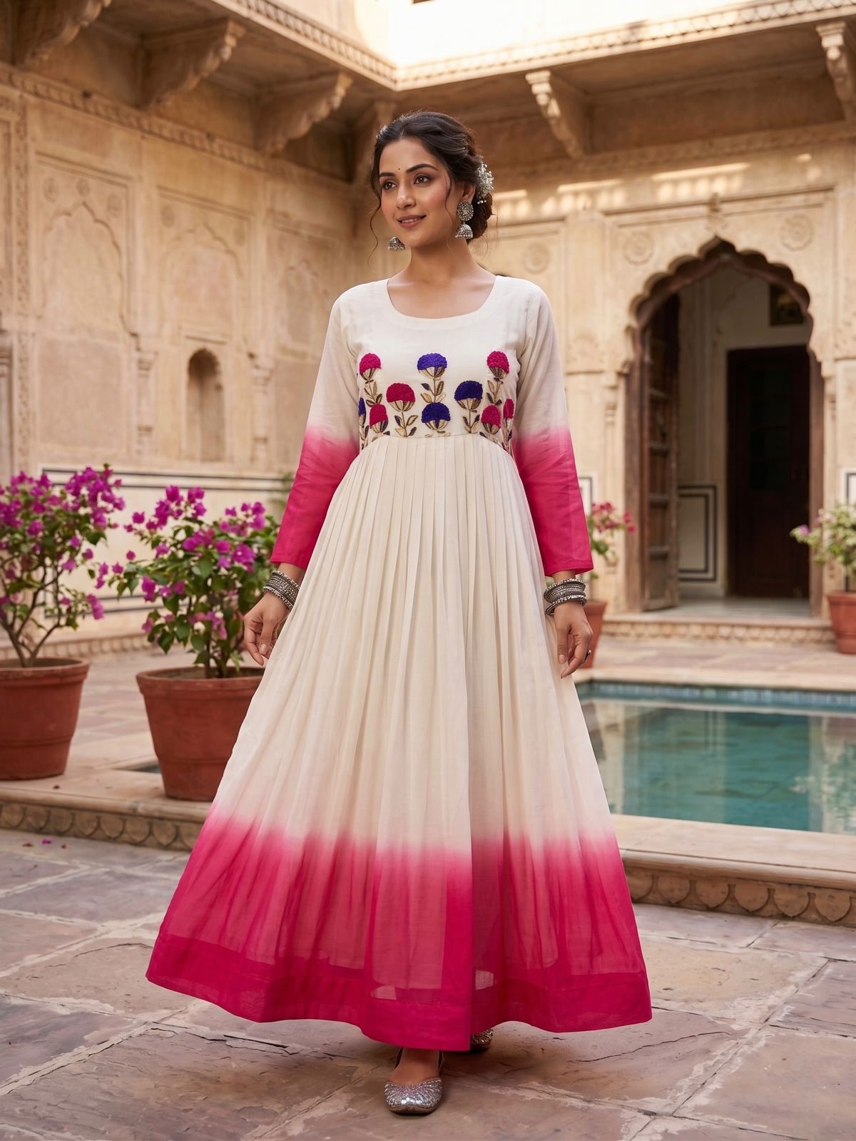 Women’s pink georgette gown with fancy sleeves 