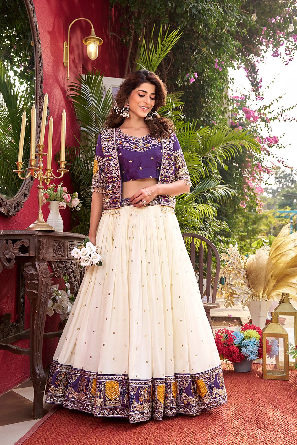 This traditional lehenga choli with koti is ideal for wedding events and cultural occasions, crafted with detailed embroidery and comfortable cotton inner lining.