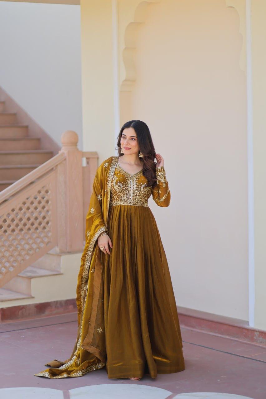 Mehendi fendy fabric gown with zari sequins embroidery

