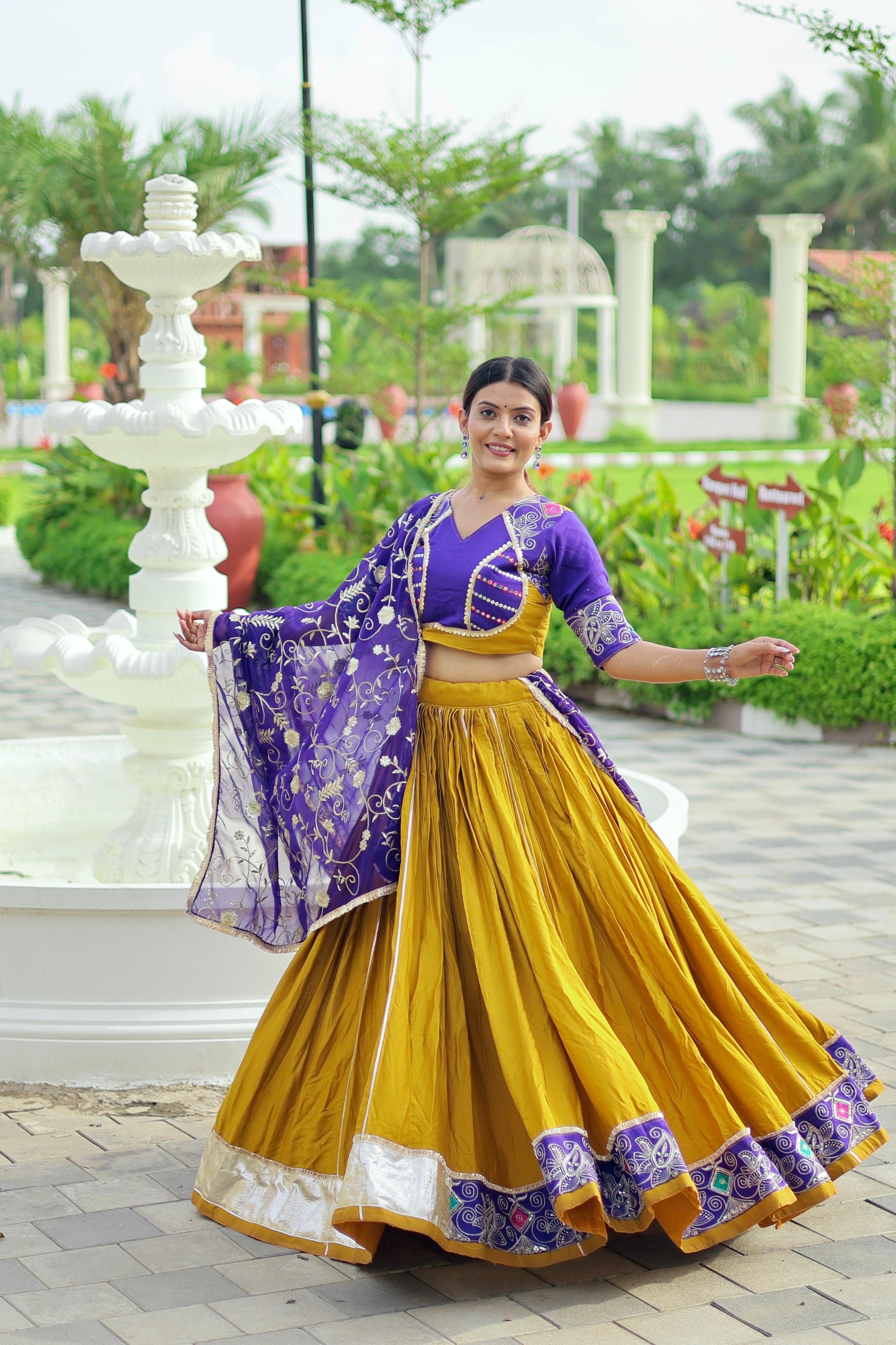 Mustard yellow and purple pure cotton lehenga choli with dupatta

