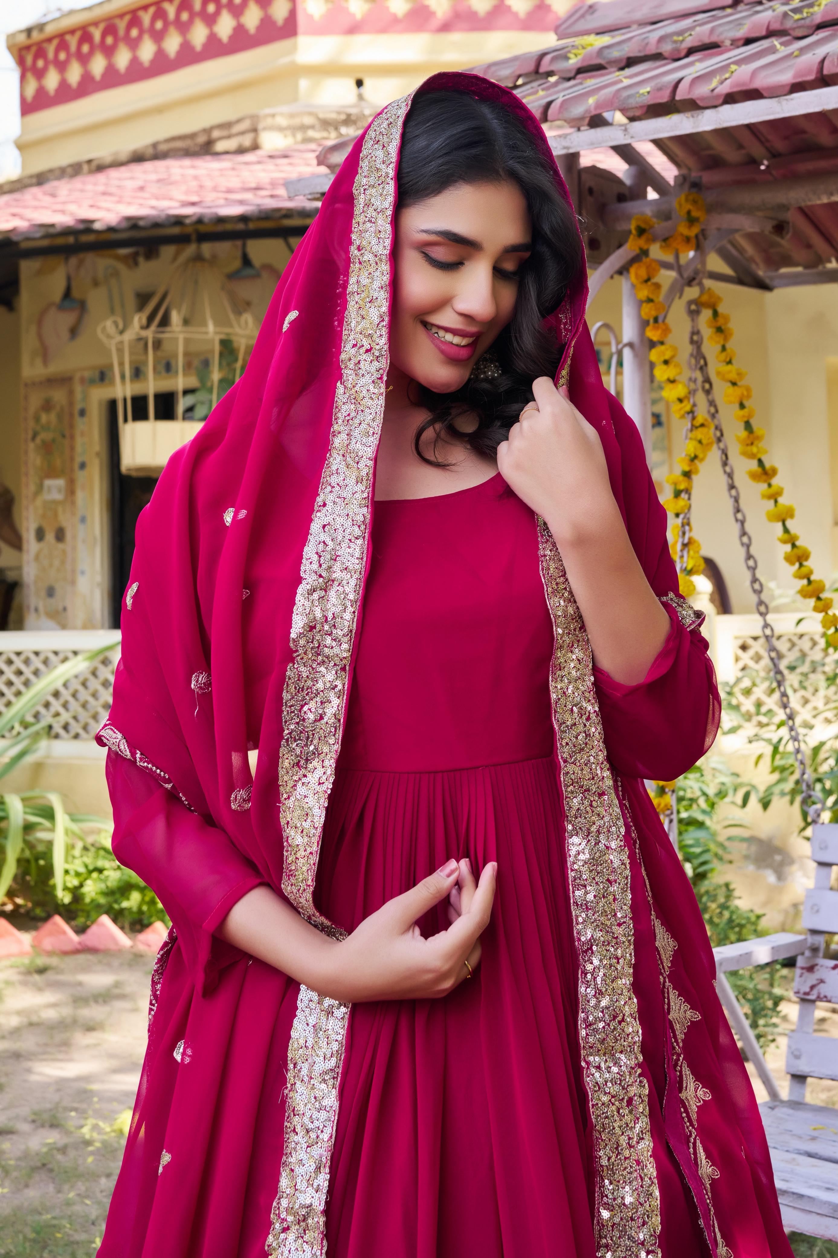 Faux georgette gown with sequin border detail