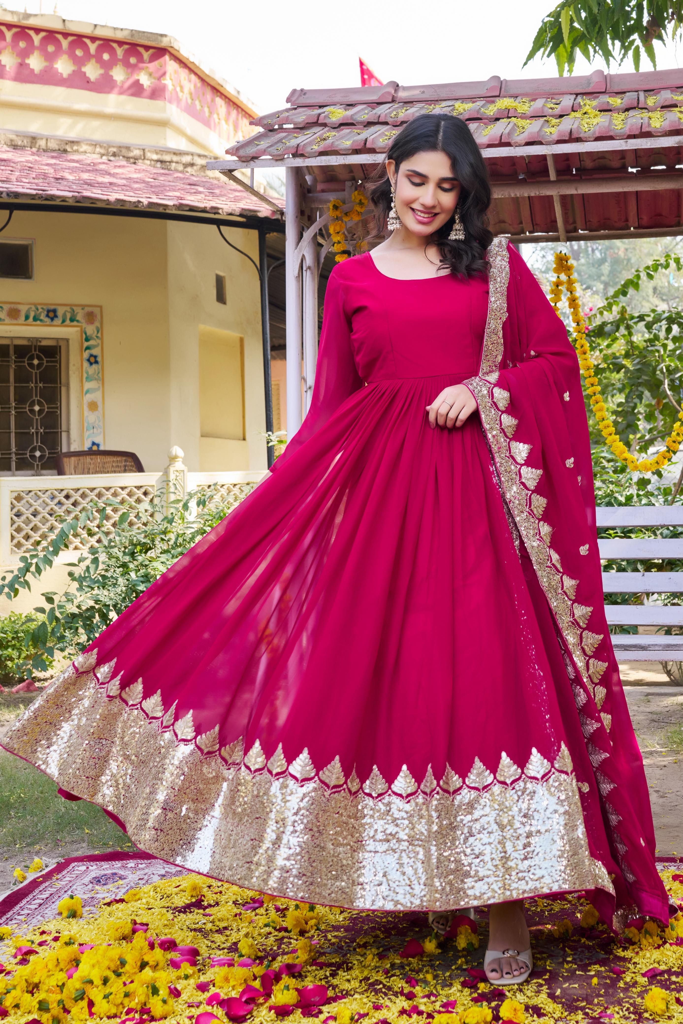 Wedding party wear pink embroidered gown