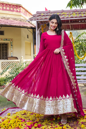 Wedding party wear pink embroidered gown
