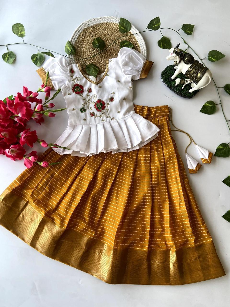 Premium Pattu Paavadai & Sattai – Dola Silk Lehenga with Weaving Pattu Border
