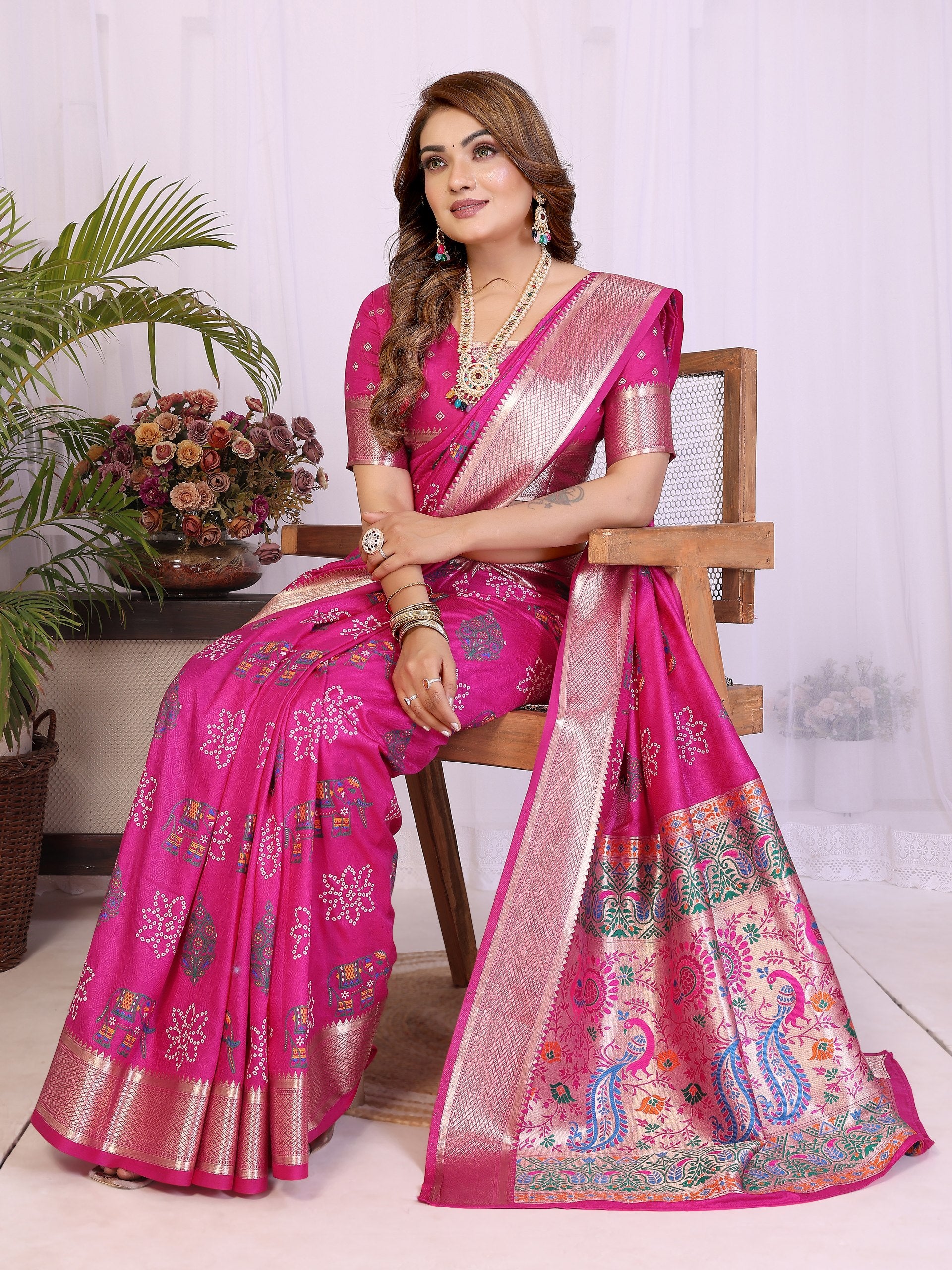 Rani pink Dola Silk Bandhej Print Saree