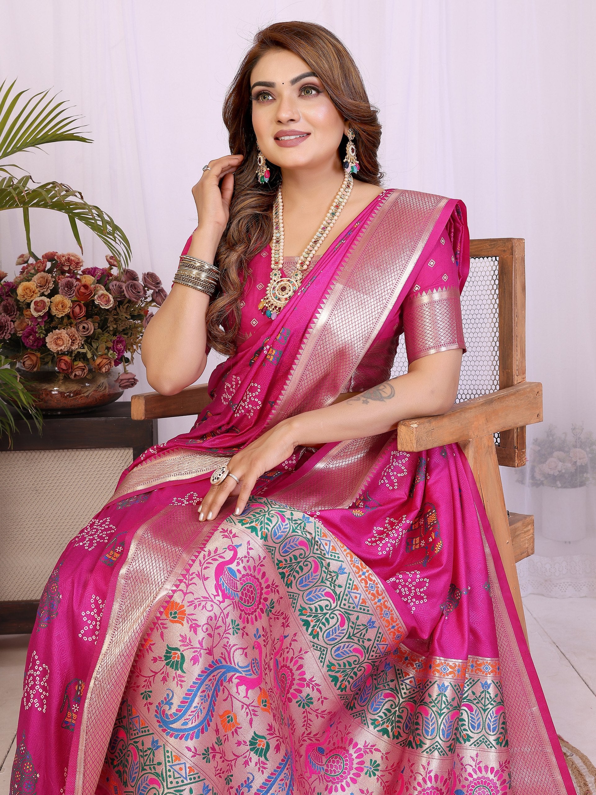 pink Traditional Bandhej Saree For Women