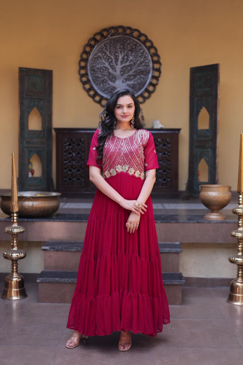 Buy Red Faux Blooming Embroidered Gown Online for Women