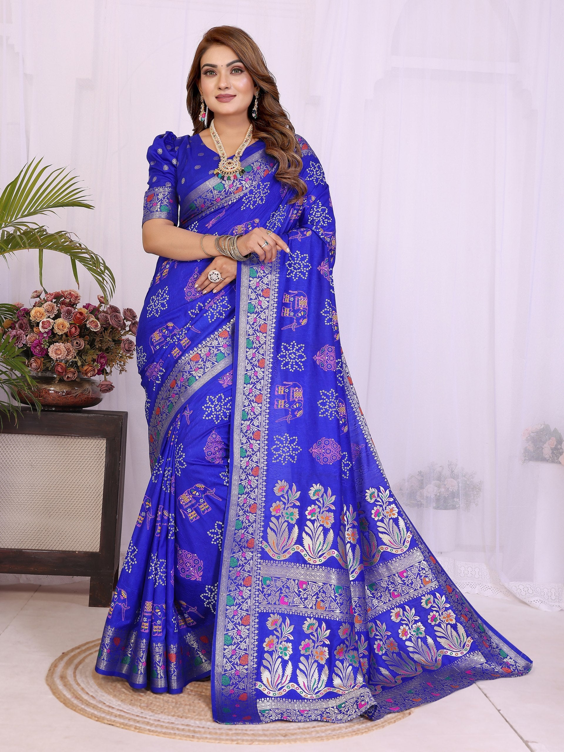 Royal Blue Dola Silk Bandhej Saree For Wedding Online