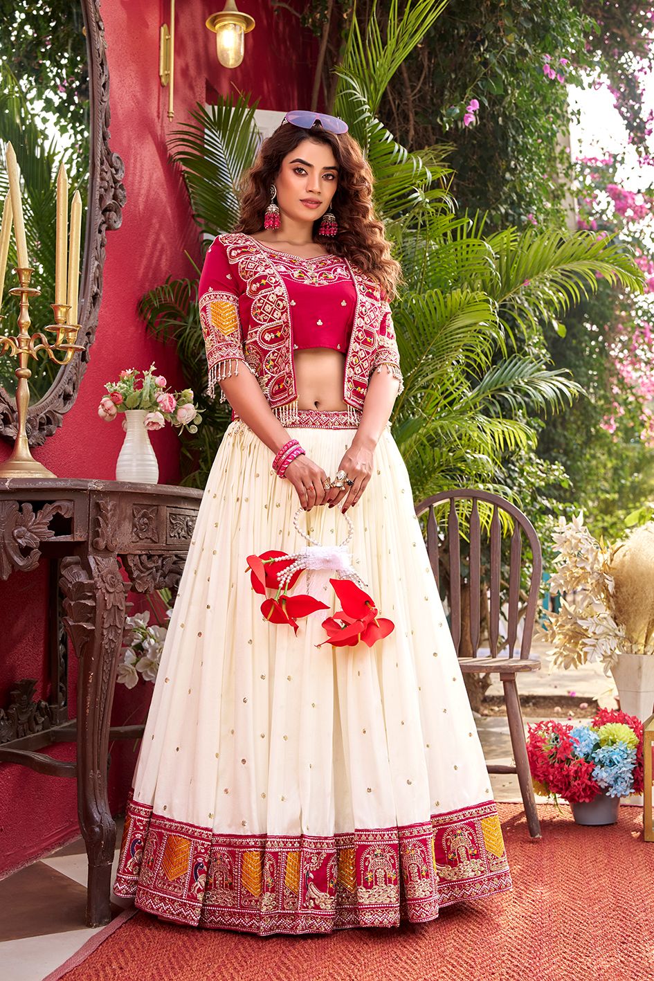 This stylish lehenga choli set with koti is perfect for party wear and festive styling, featuring rich embroidery work and elegant flare in premium fabric.
