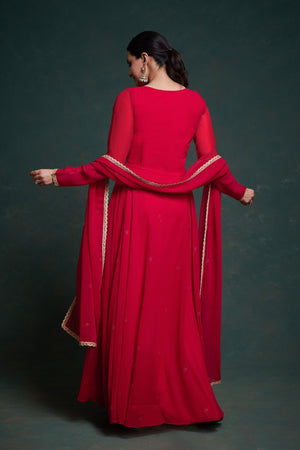 Party wear red gown with matching dupatta