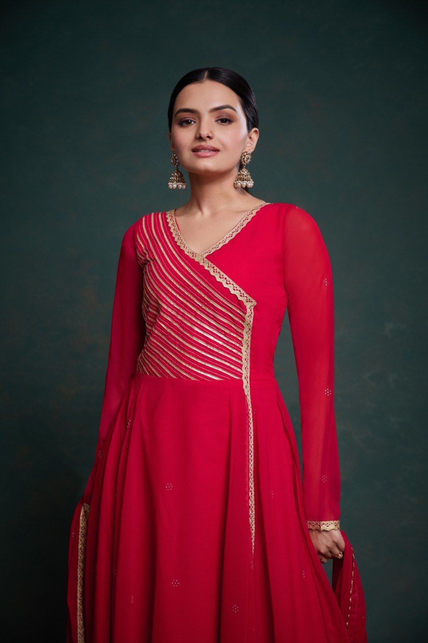 Ready to wear stitched gown in red color