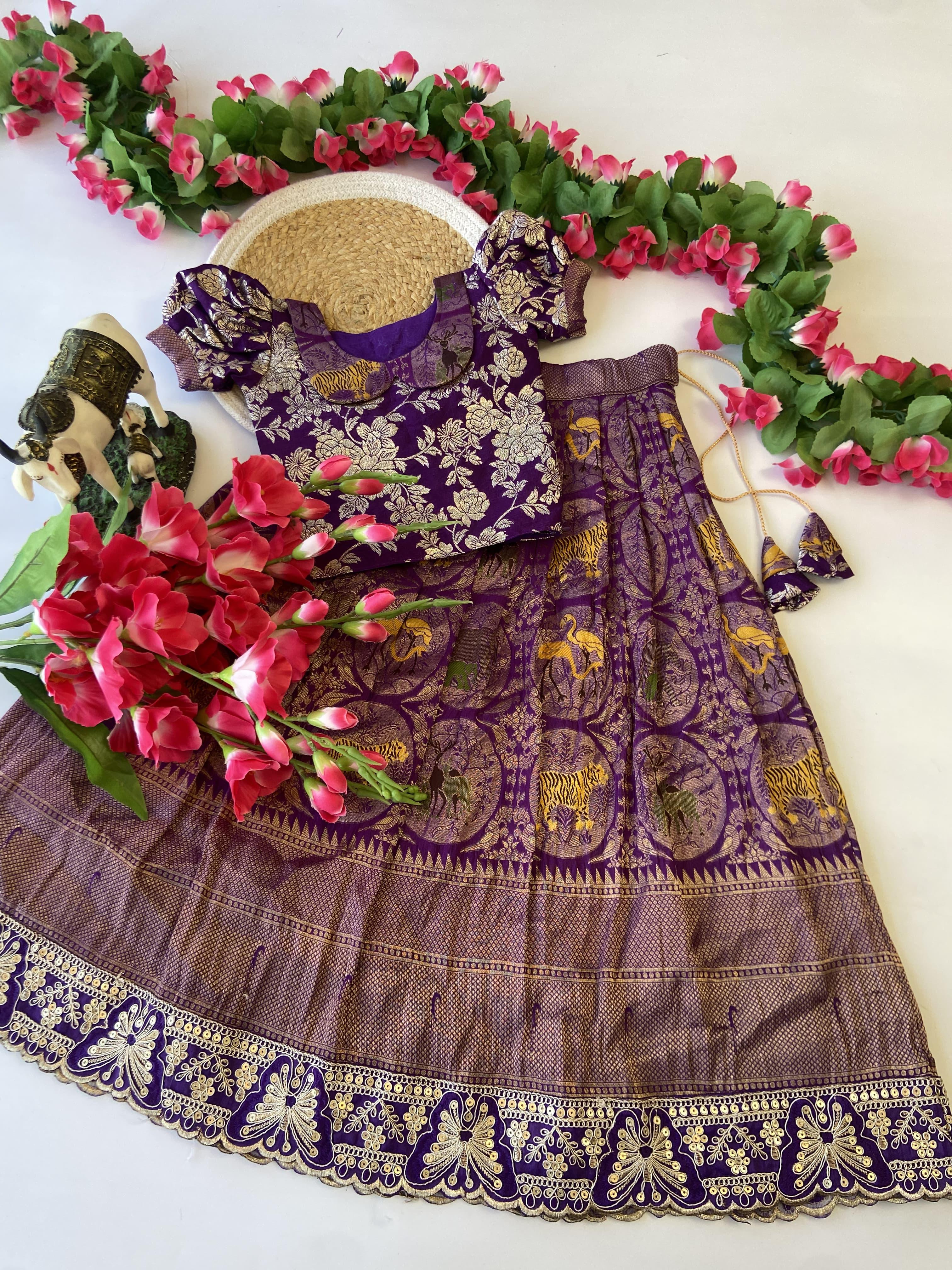 Traditional Pattu Paavadai & Sattai Dress – Banarasi Silk Lehenga with Viscose Dola Silk Blouse