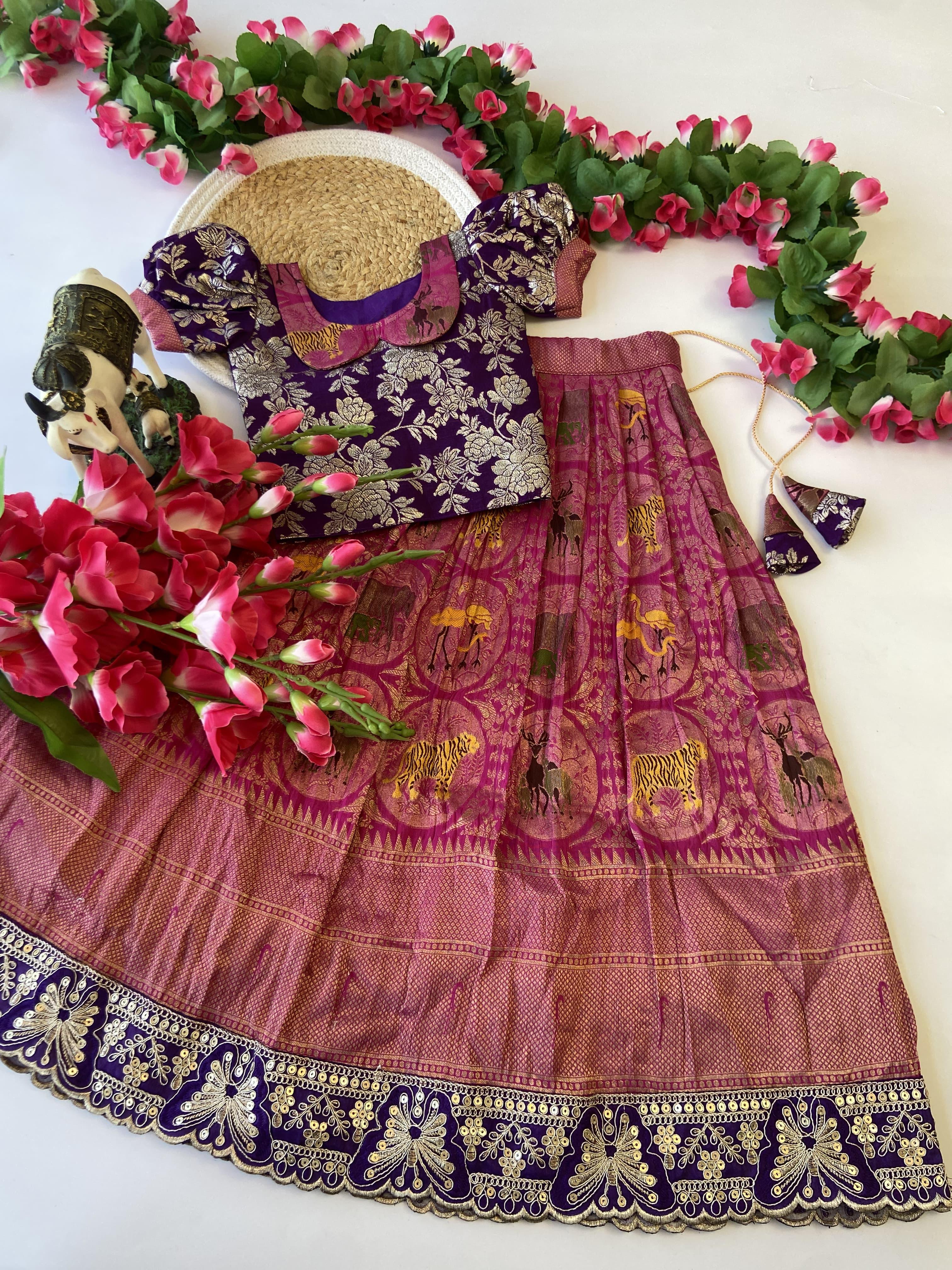 Traditional Pattu Paavadai & Sattai Dress – Banarasi Silk Lehenga with Viscose Dola Silk Blouse