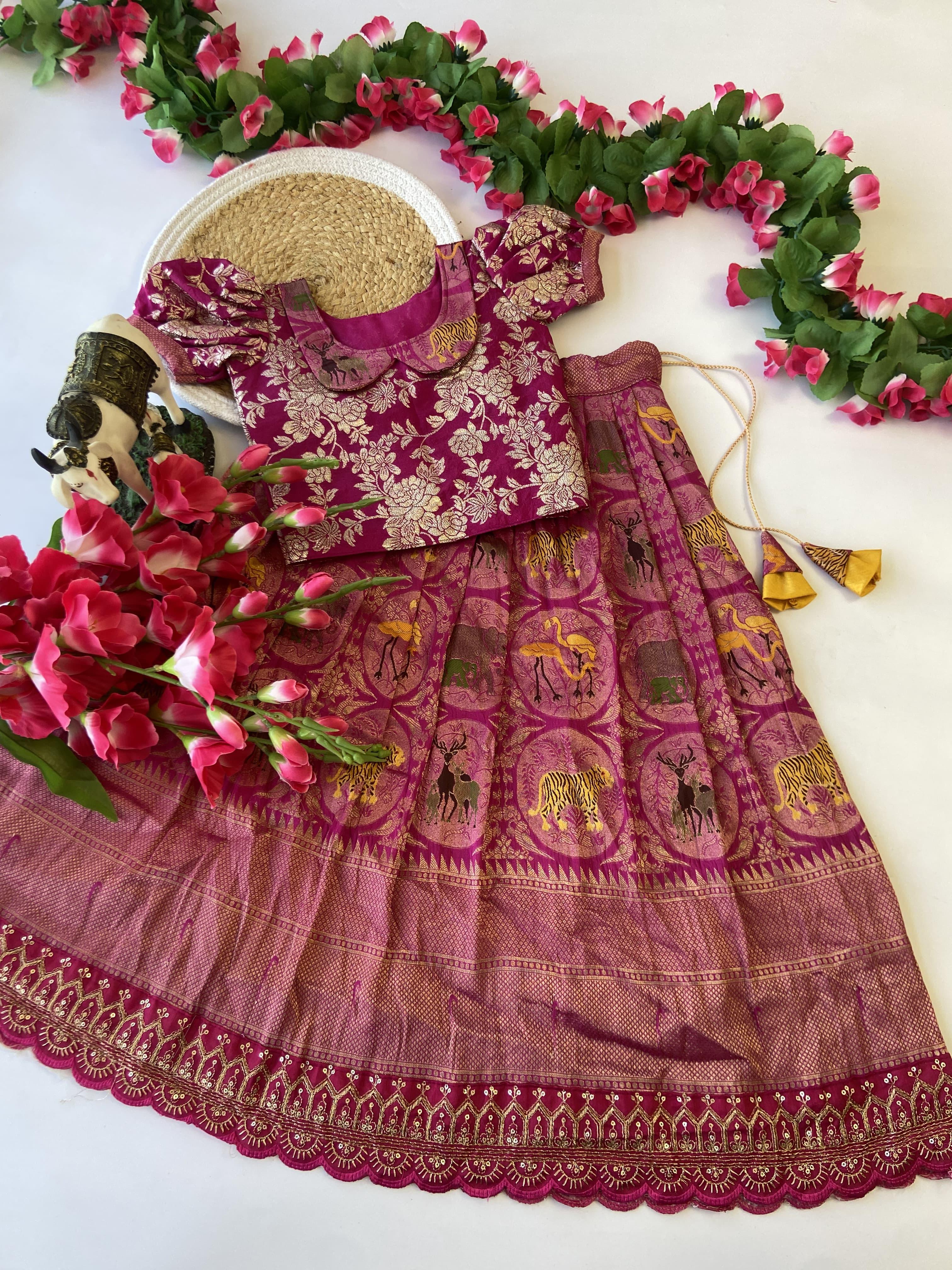Traditional Pattu Paavadai & Sattai Dress – Banarasi Silk Lehenga with Viscose Dola Silk Blouse