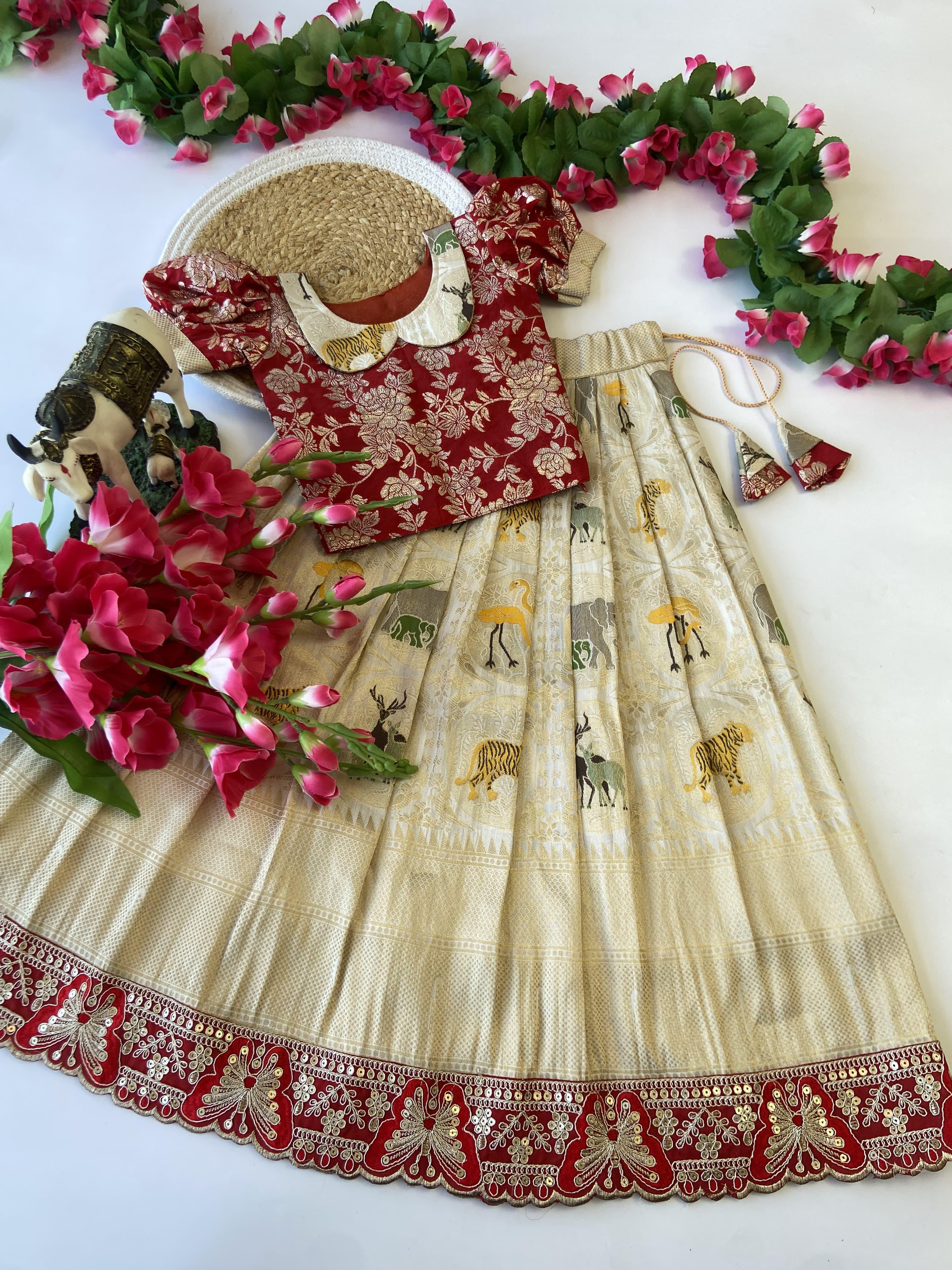 Traditional Pattu Paavadai & Sattai Dress – Banarasi Silk Lehenga with Viscose Dola Silk Blouse