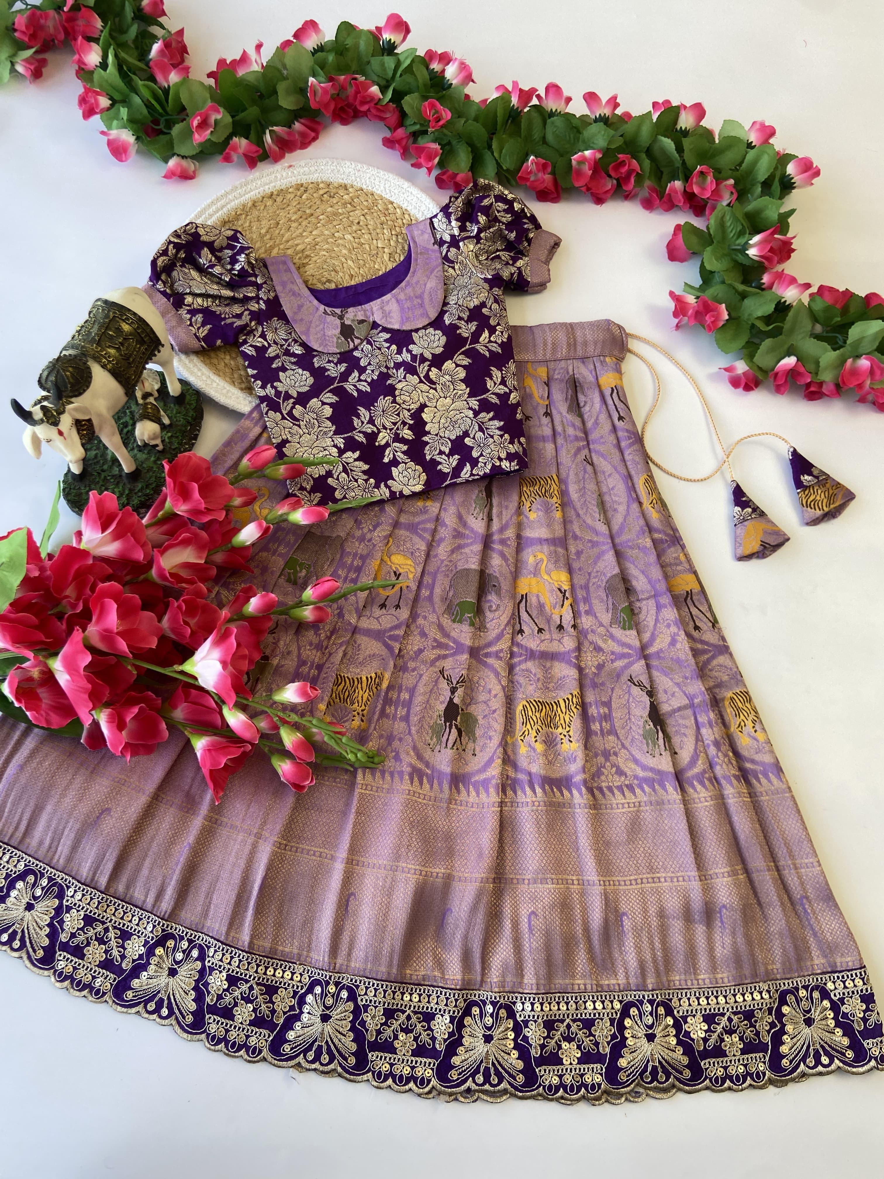 Traditional Pattu Paavadai & Sattai Dress – Banarasi Silk Lehenga with Viscose Dola Silk Blouse