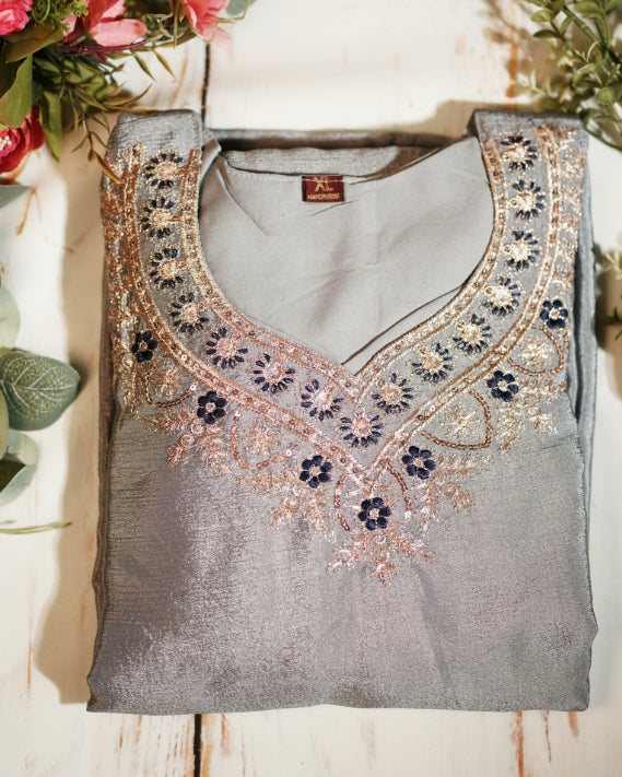 Elegant Pink Chinon Kurti Pant Set with Exquisite Embroidery Work