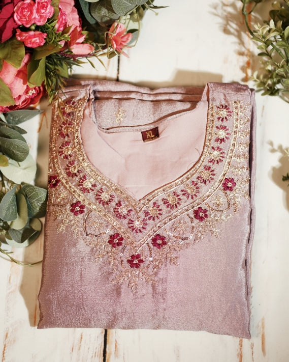 Elegant Pink Chinon Kurti Pant Set with Exquisite Embroidery Work
