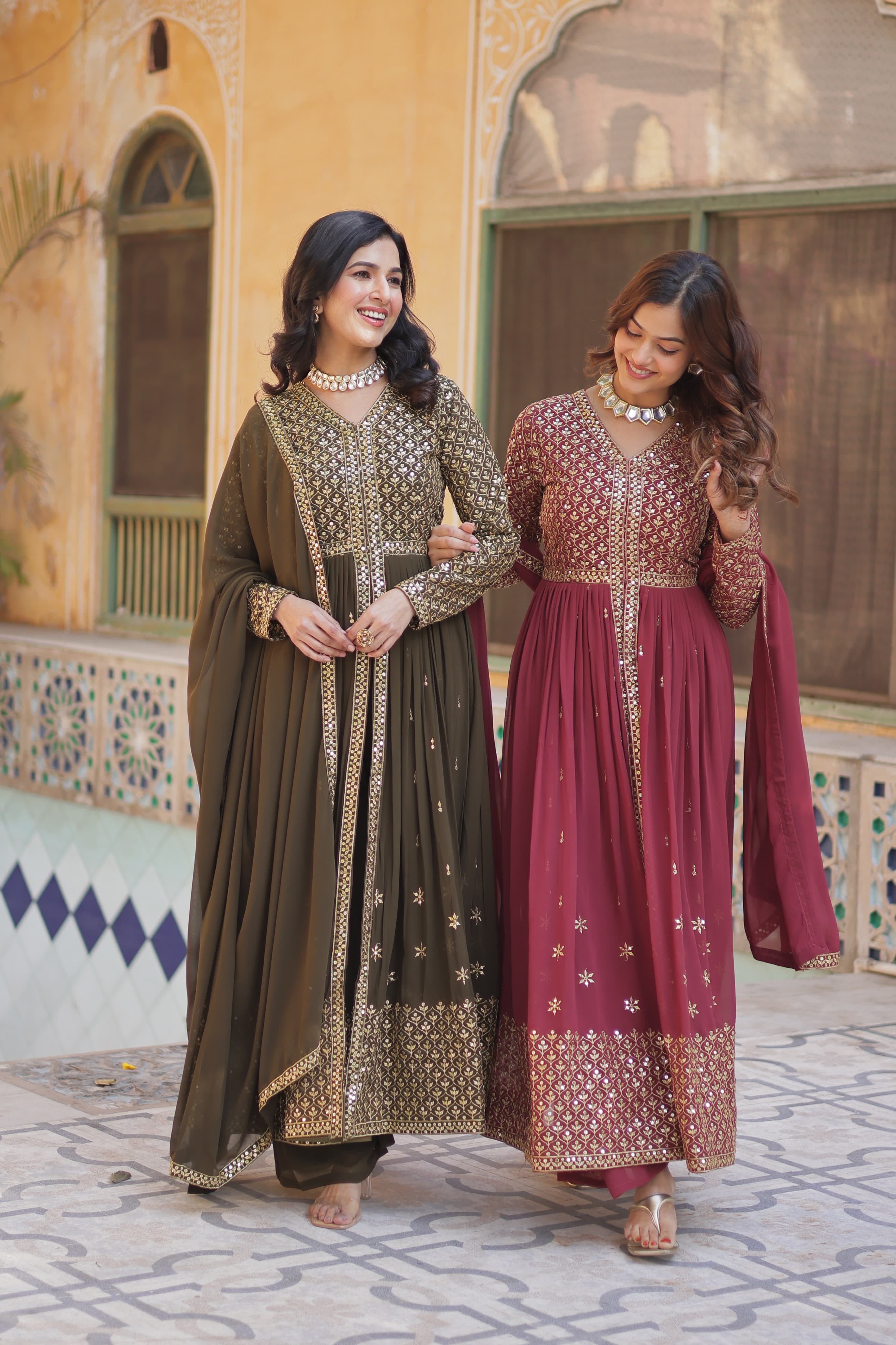 olive green anarkali gown