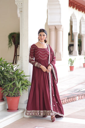maroon Traditional Vichitra Silk gown with sequins and intricate embroidery