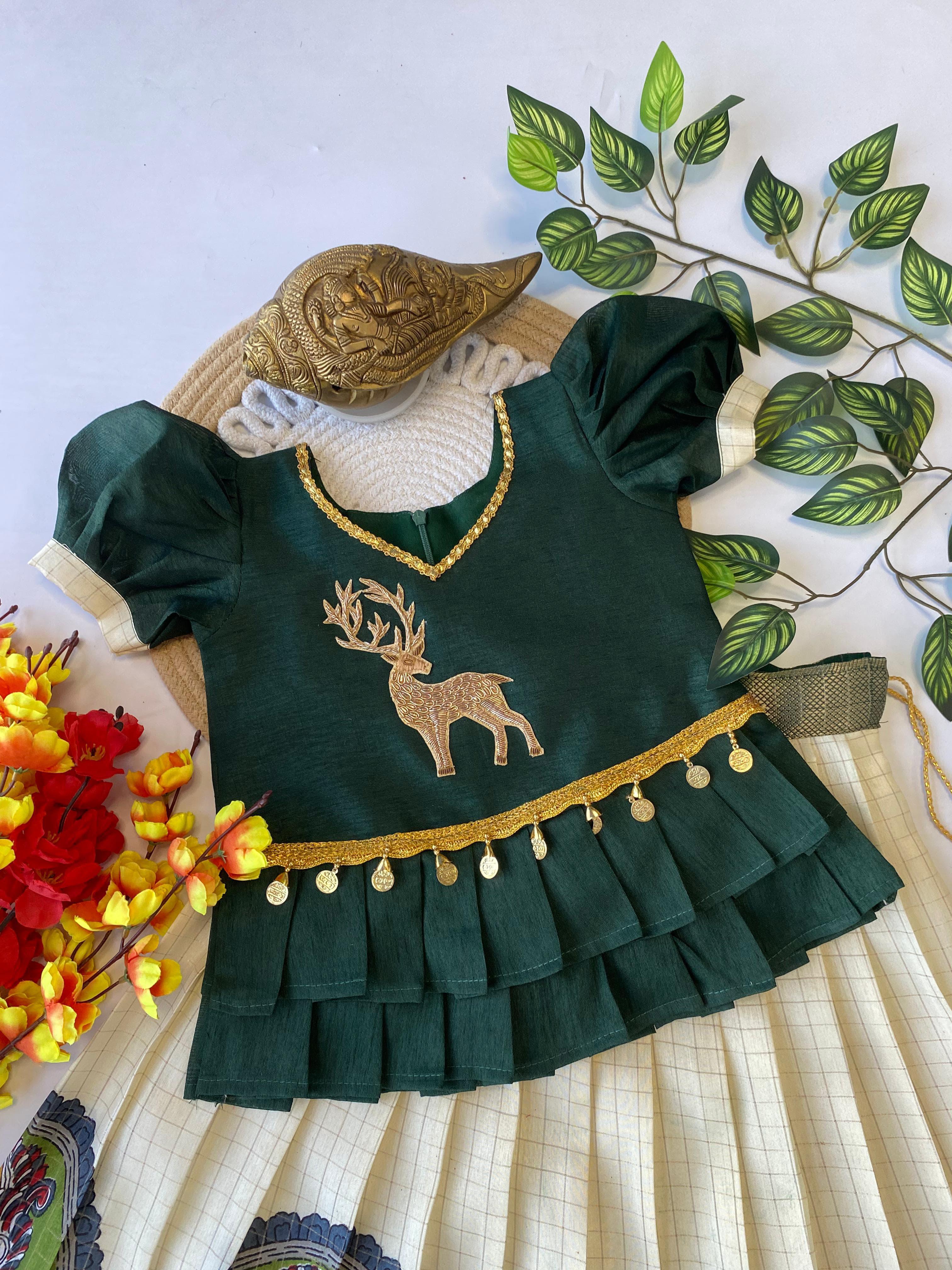 Pure Dola Silk Kalamkari Lehenga with Zari & Deer Work Blouse