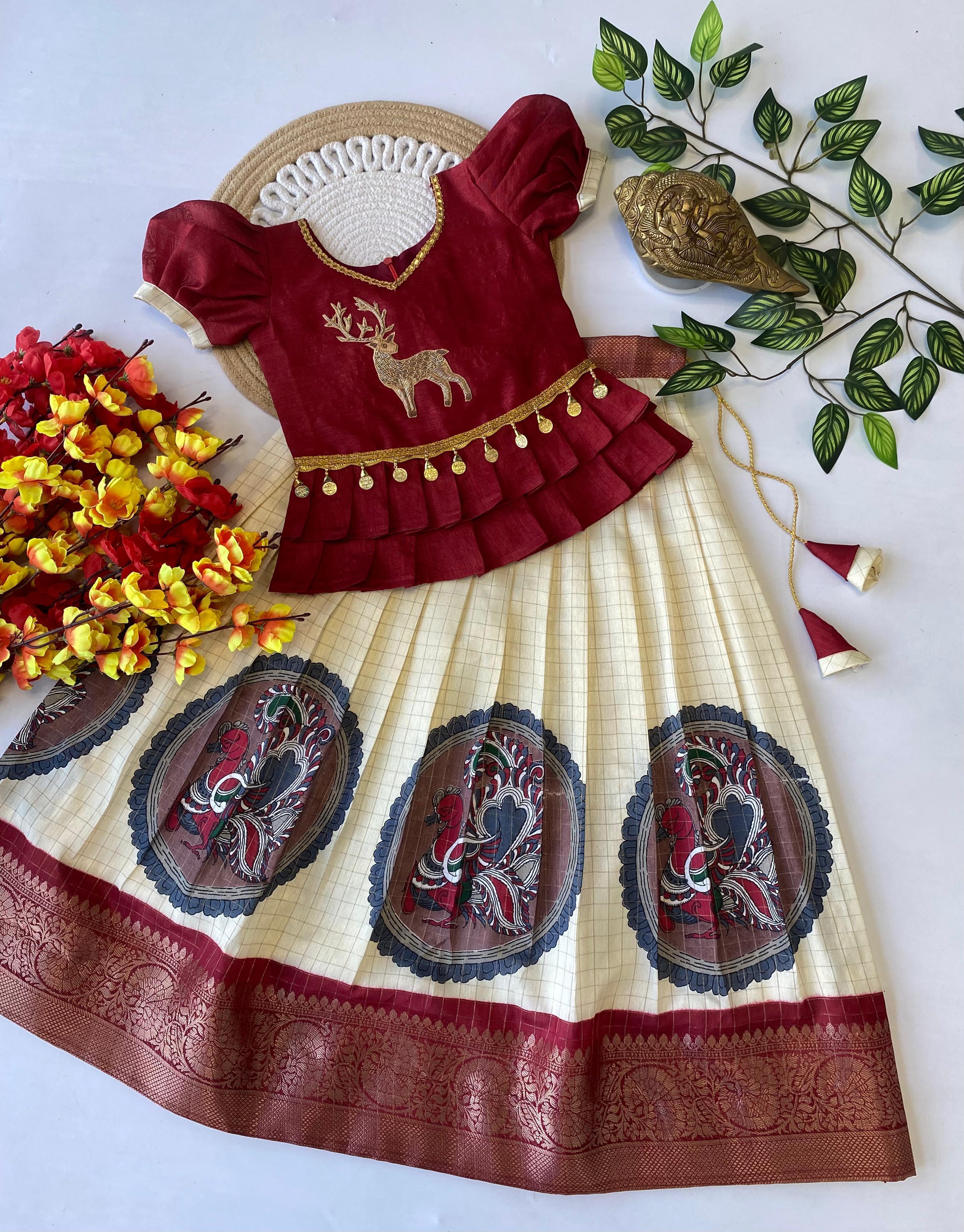 Pure Dola Silk Kalamkari Lehenga with Zari & Deer Work Blouse