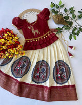 Pure Dola Silk Kalamkari Lehenga with Zari & Deer Work Blouse