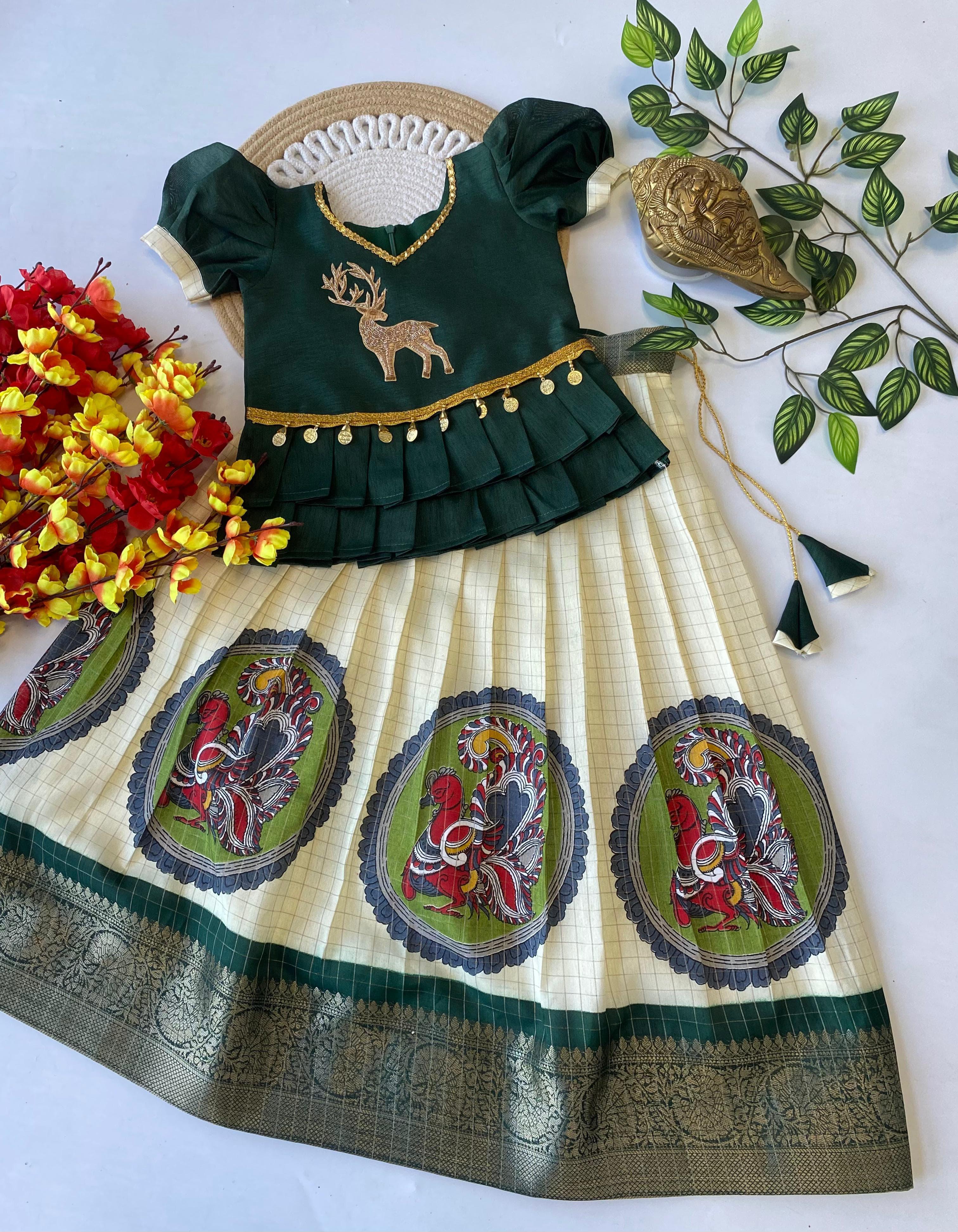 Pure Dola Silk Kalamkari Lehenga with Zari & Deer Work Blouse