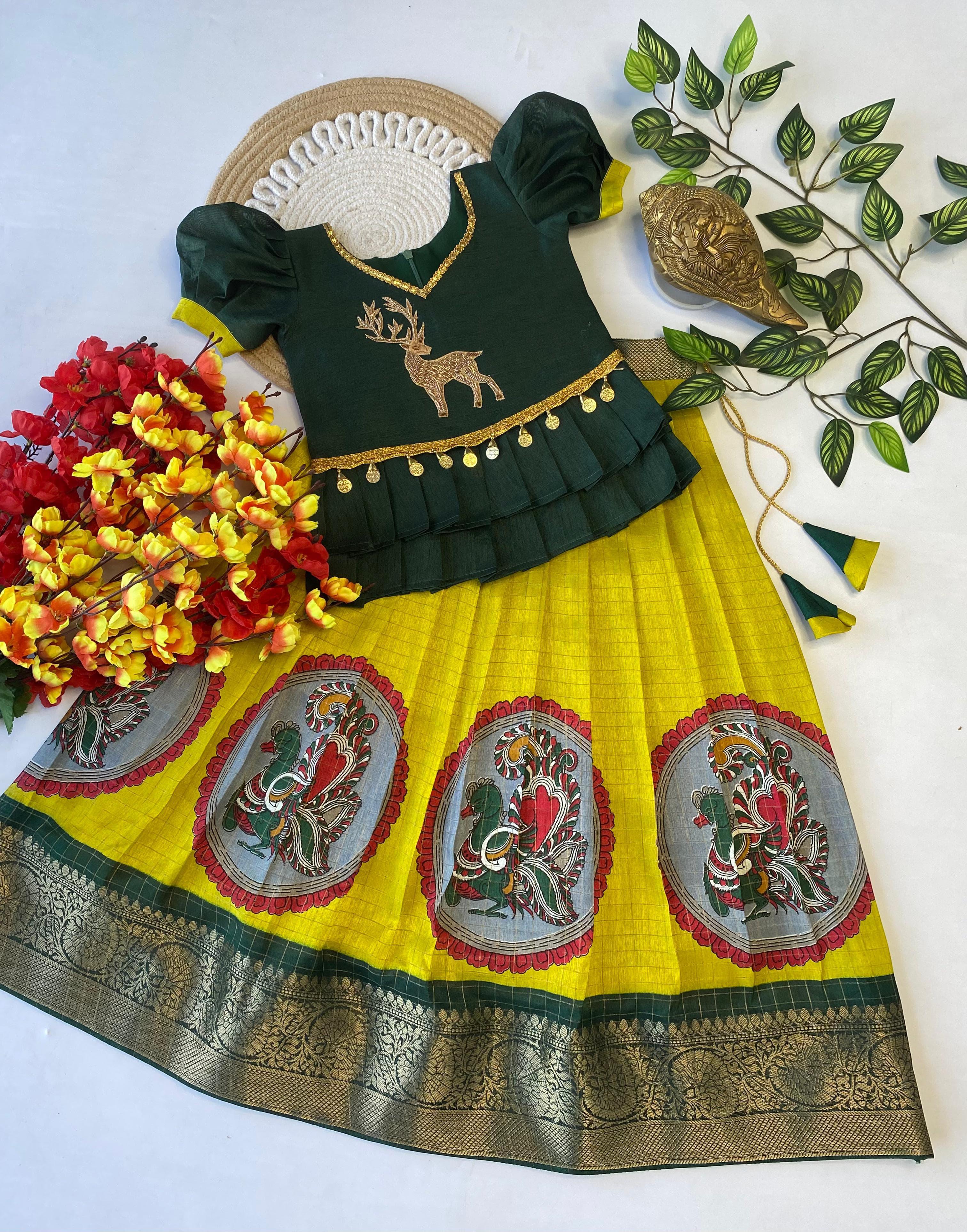 Pure Dola Silk Kalamkari Lehenga with Zari & Deer Work Blouse
