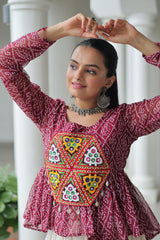 Close-up of Kutchi Gamthi Patchwork on Bandhani Top