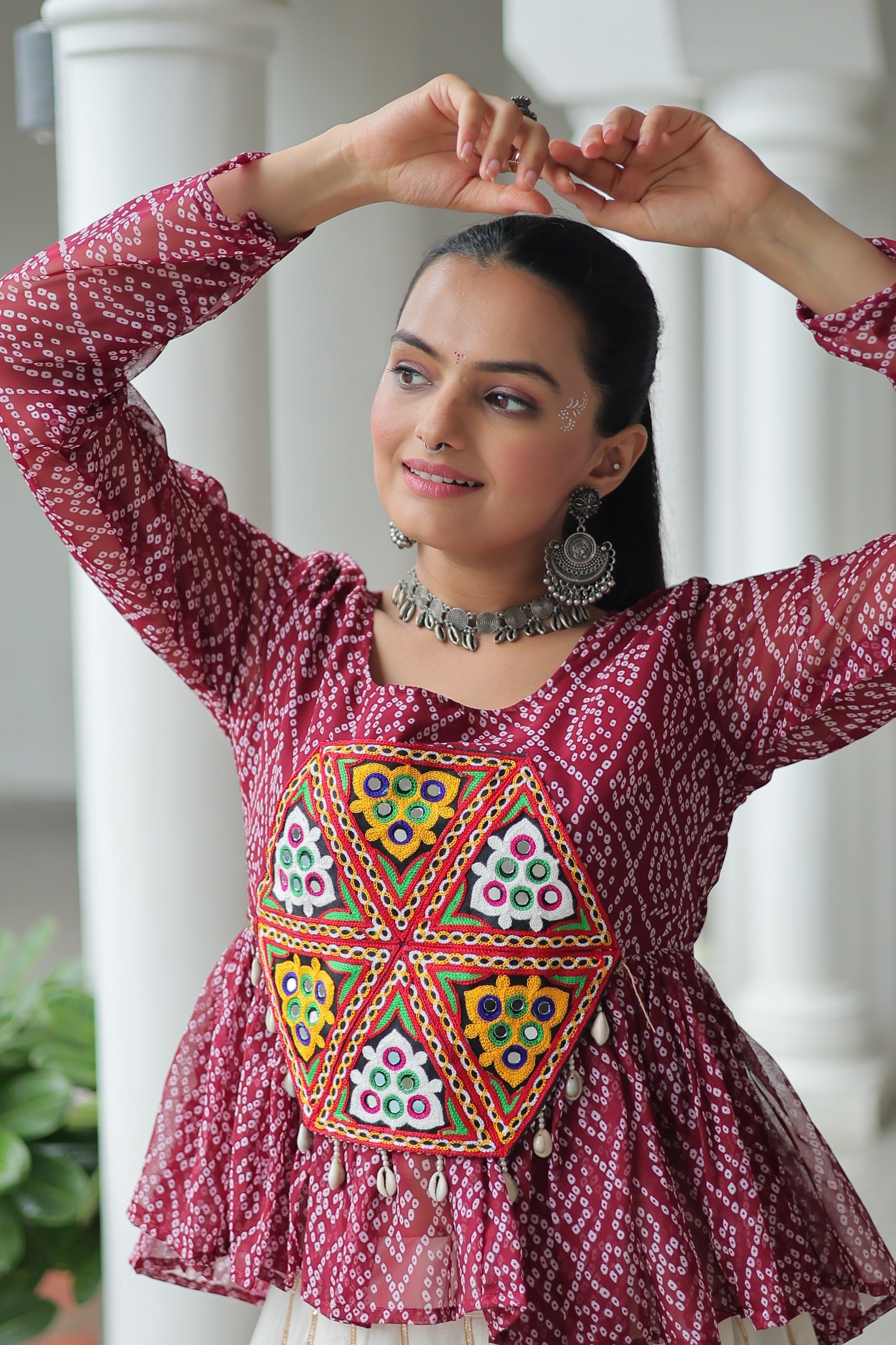 Close-up of Kutchi Gamthi Patchwork on Bandhani Top