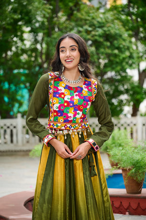 Green and yellow ombre kali lehenga with embroidered top