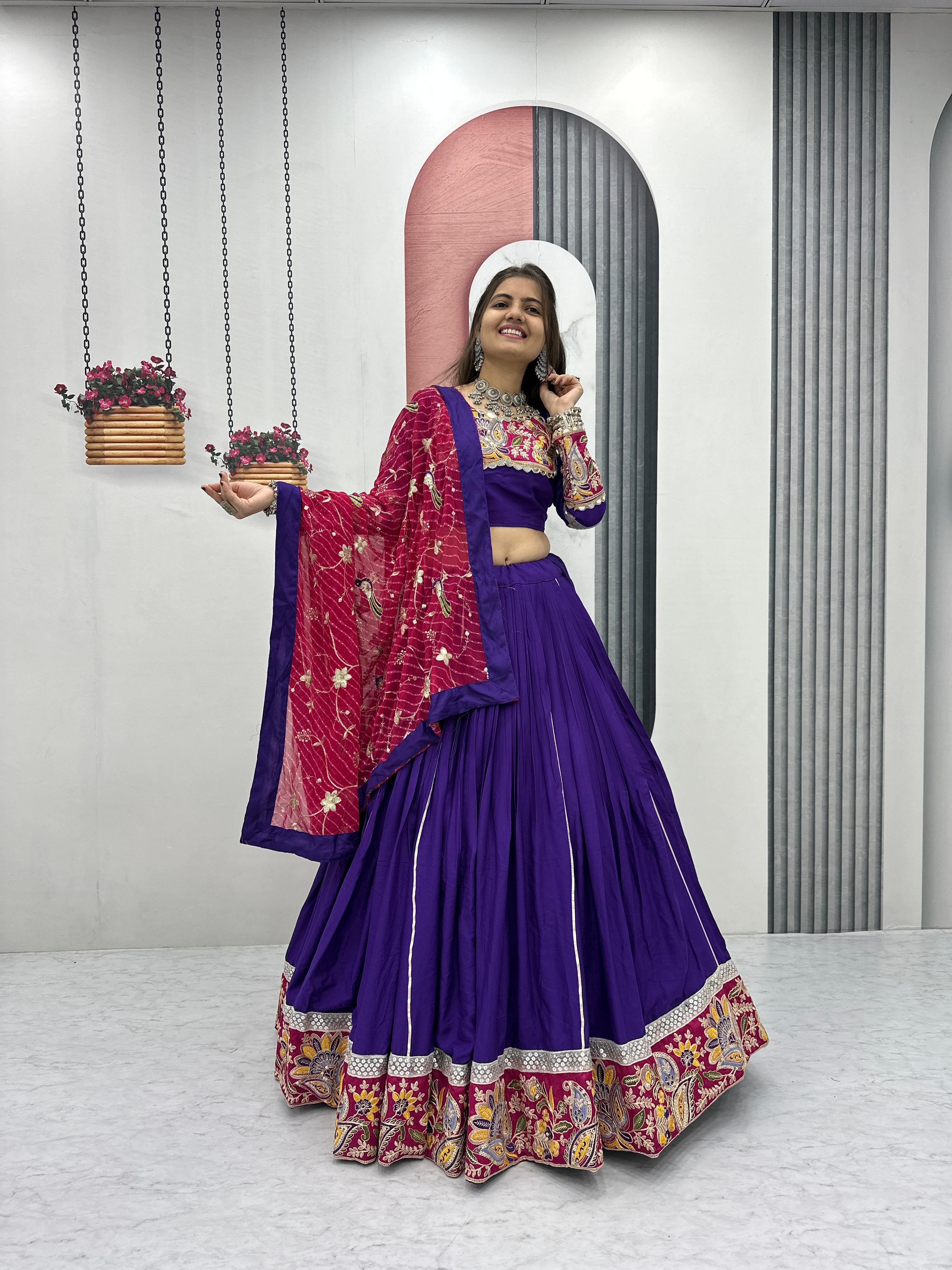 Purple cotton lehenga with canvas patta flair

