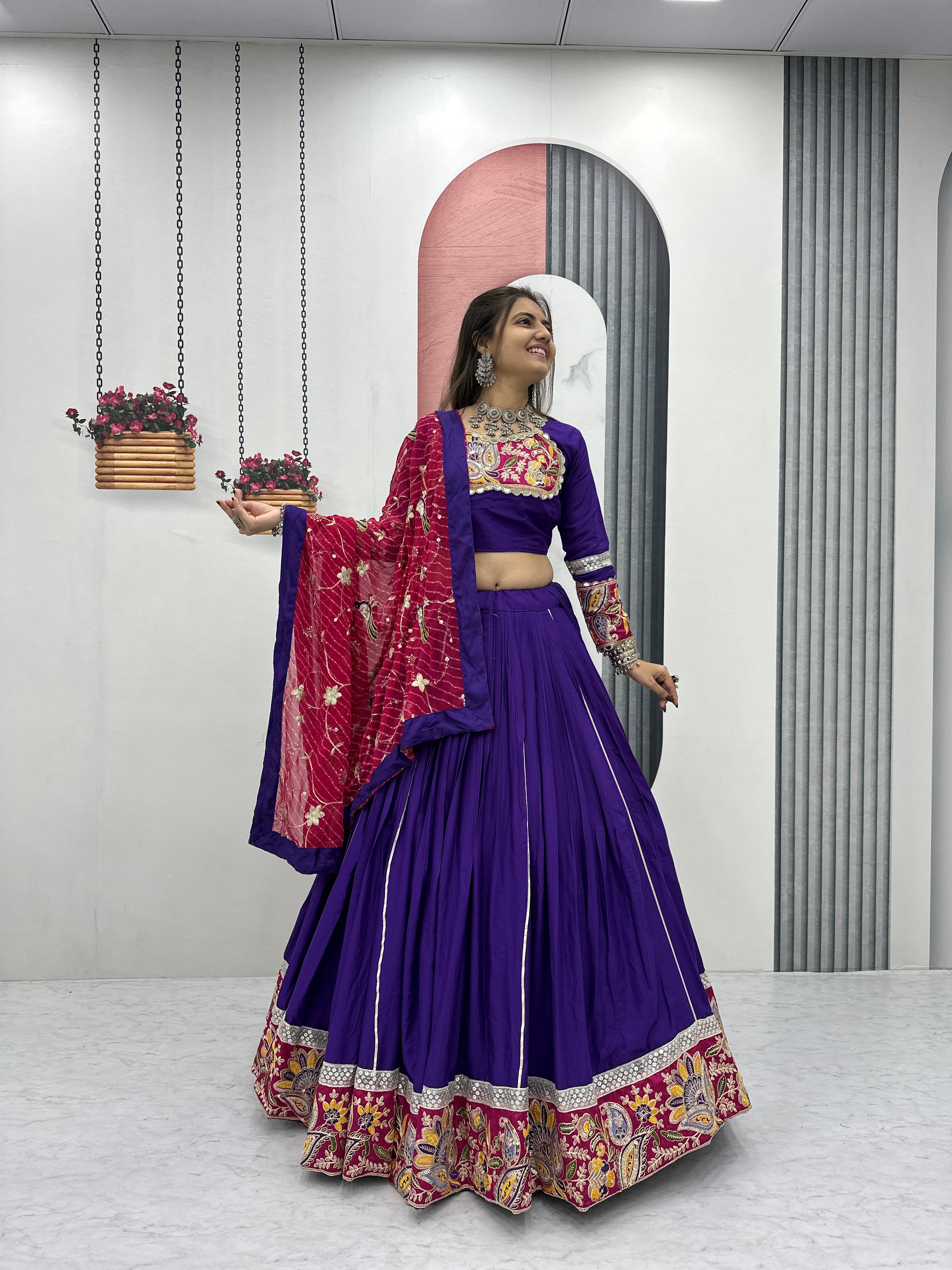 Purple embroidered pure cotton lehenga choli festive wear

