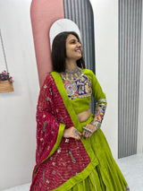 Green embroidered pure cotton lehenga choli with georgette dupatta

